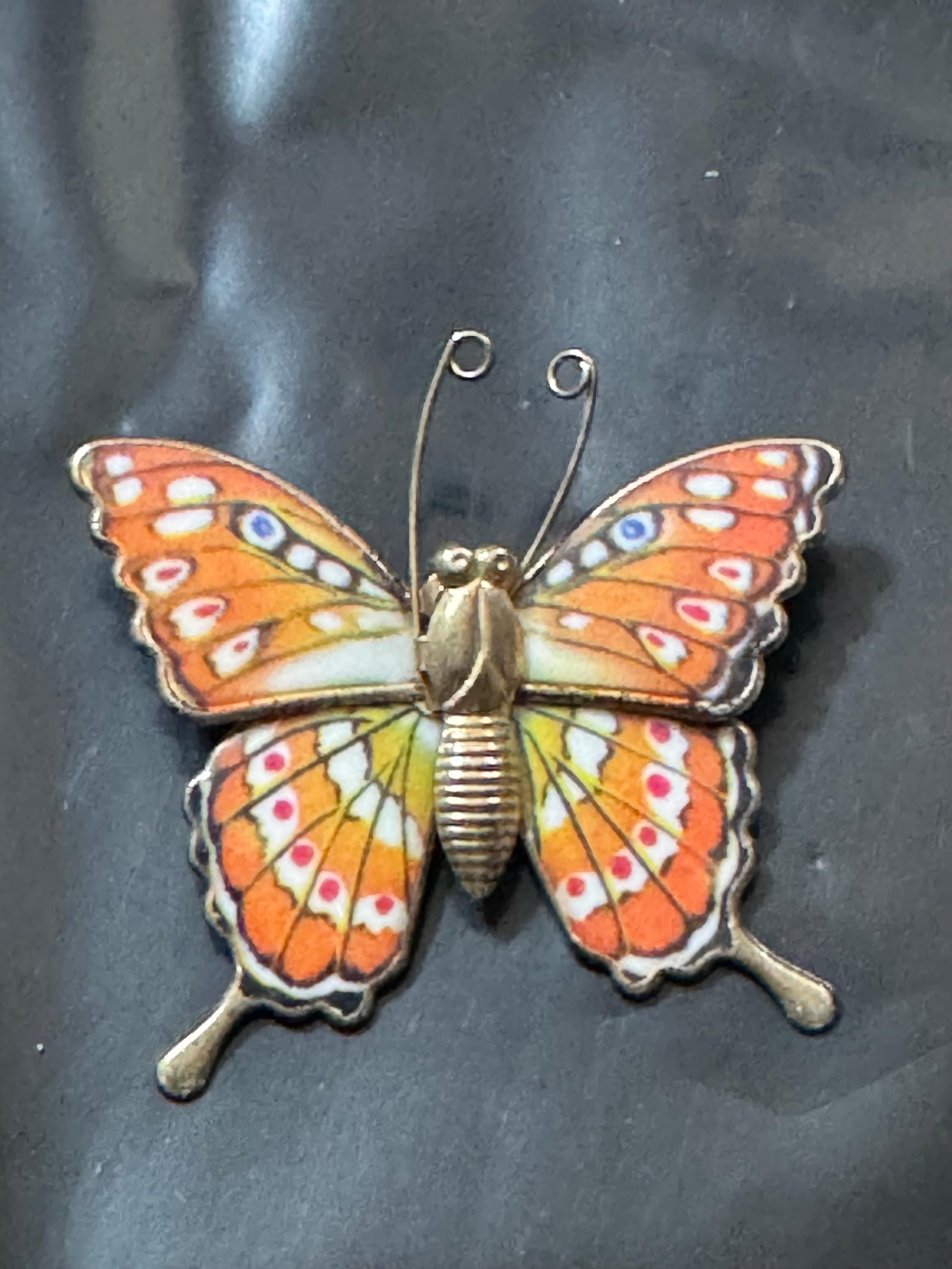 Vintage gold tone brass orange enamel butterfly brooch pin