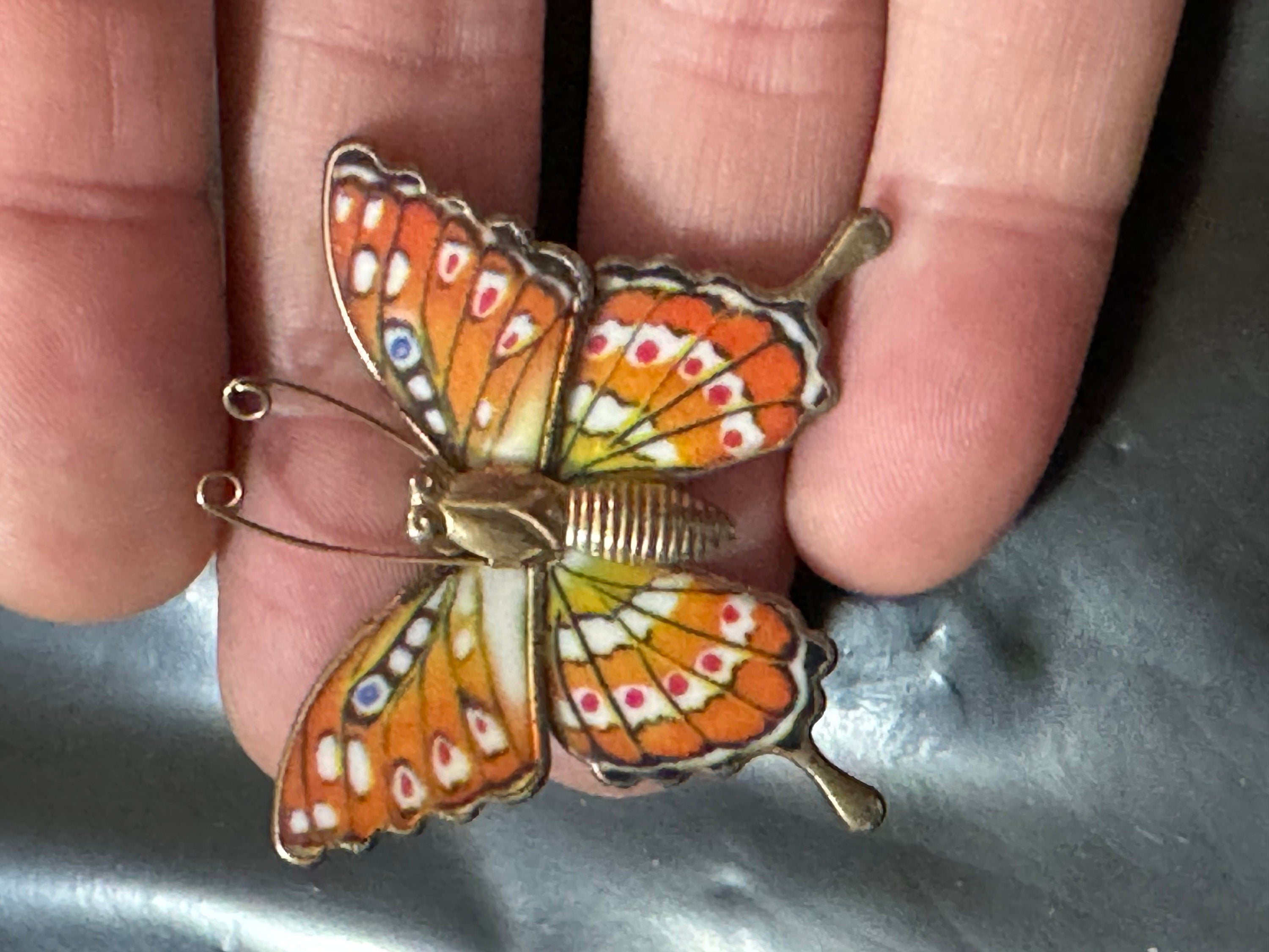 Vintage gold tone brass orange enamel butterfly brooch pin