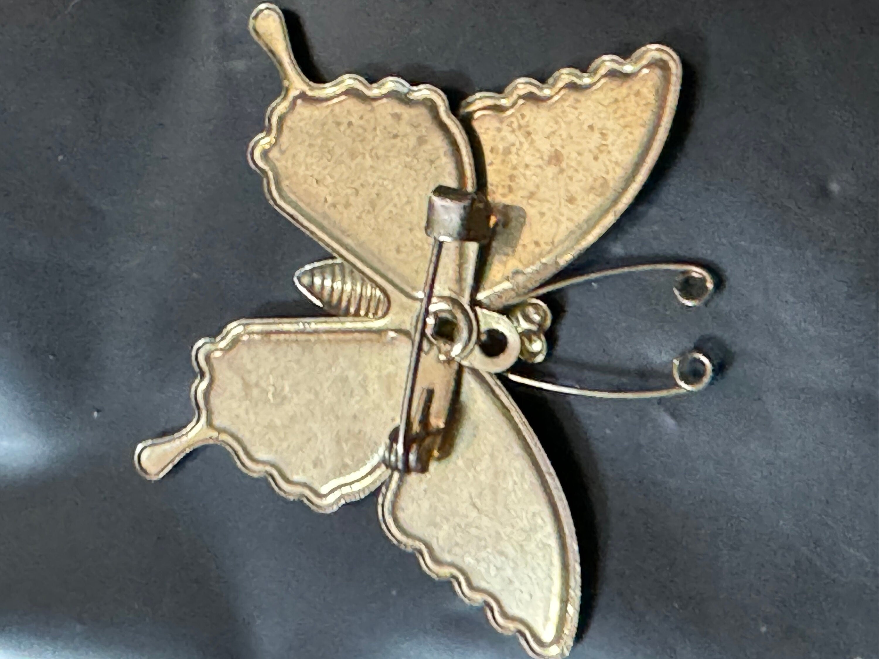 Vintage gold tone brass orange enamel butterfly brooch pin