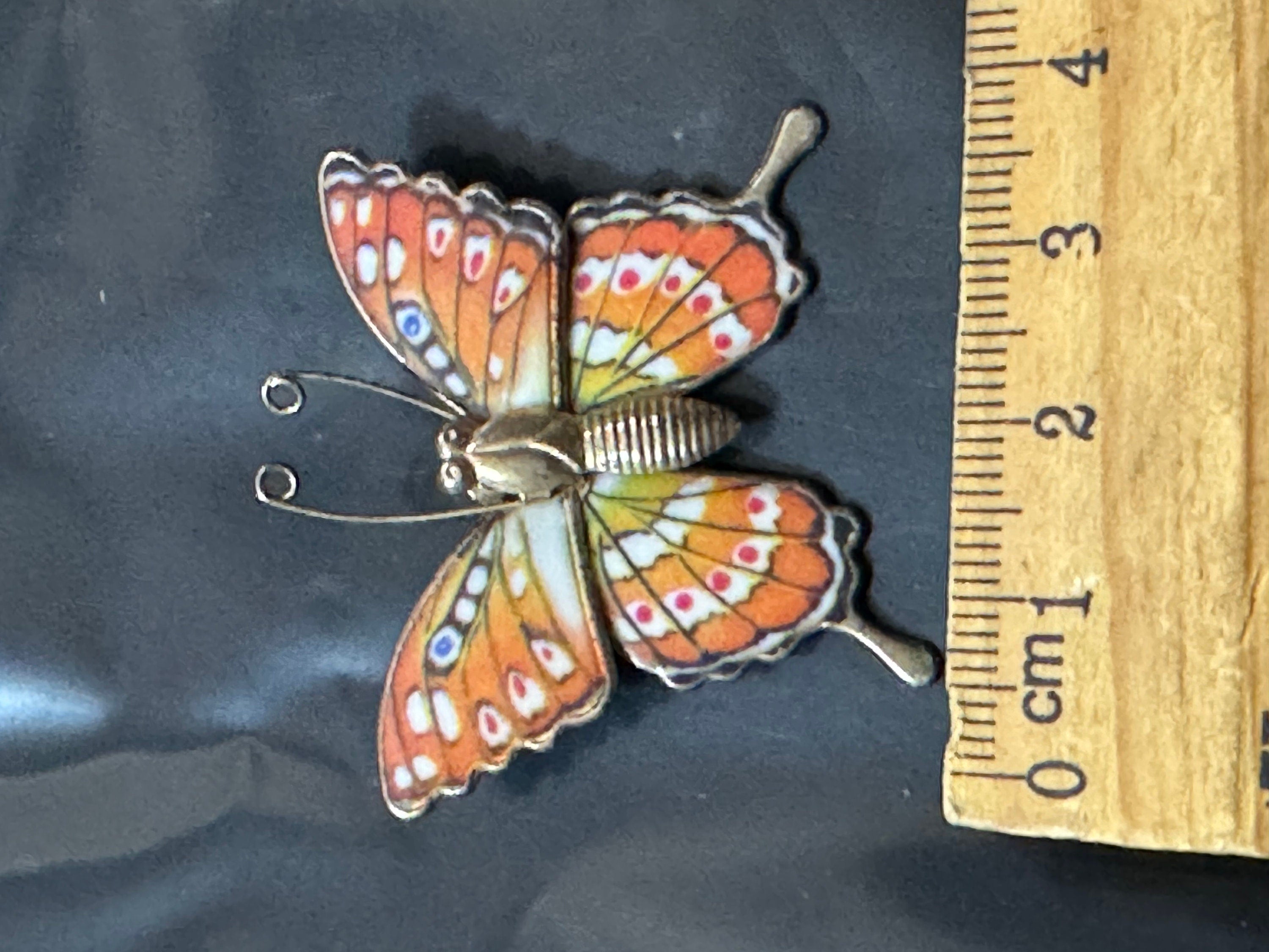 Vintage gold tone brass orange enamel butterfly brooch pin