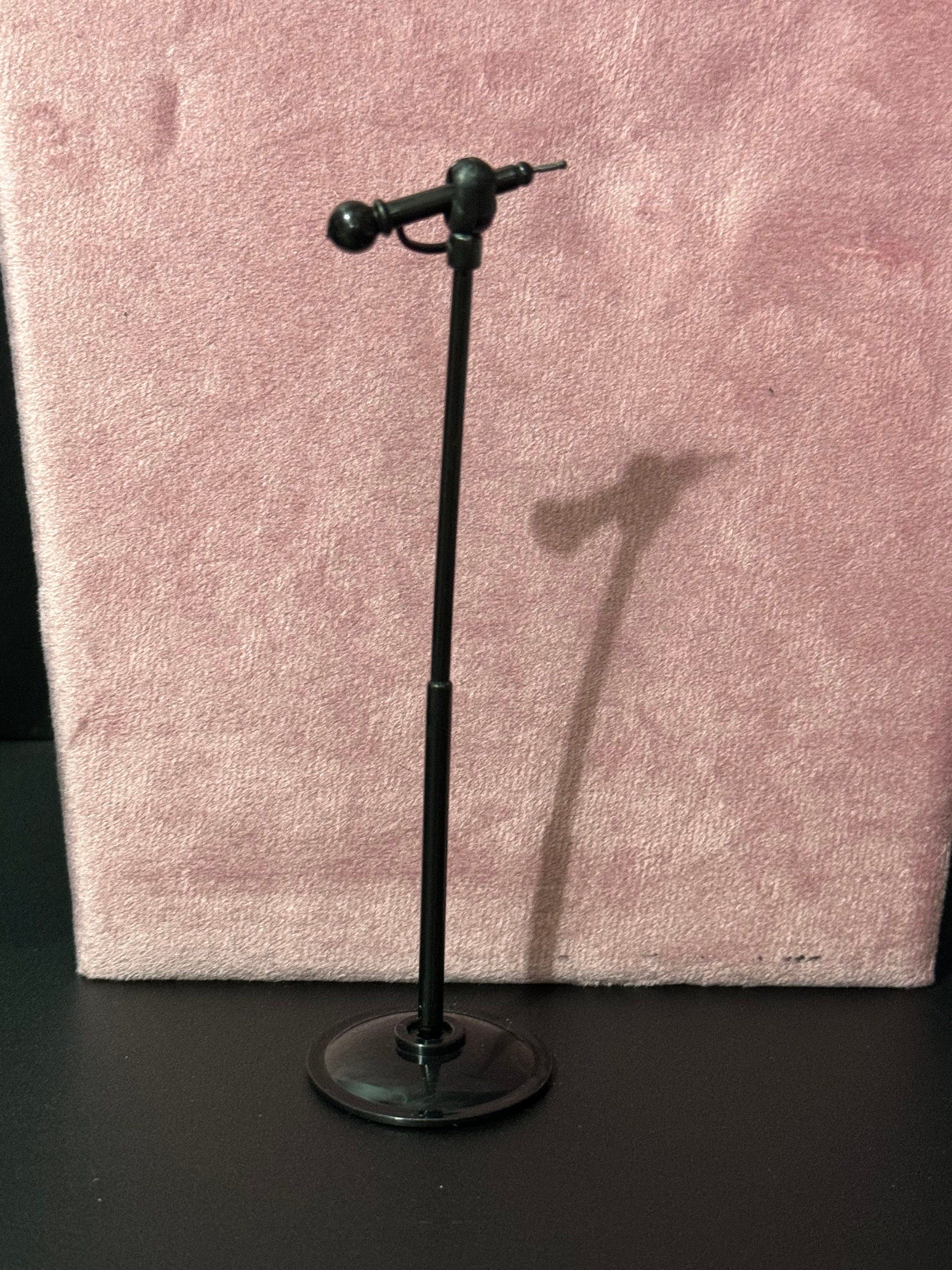 Miniature microphone and stand novelty cake topper decoration reusable plastic, doll size