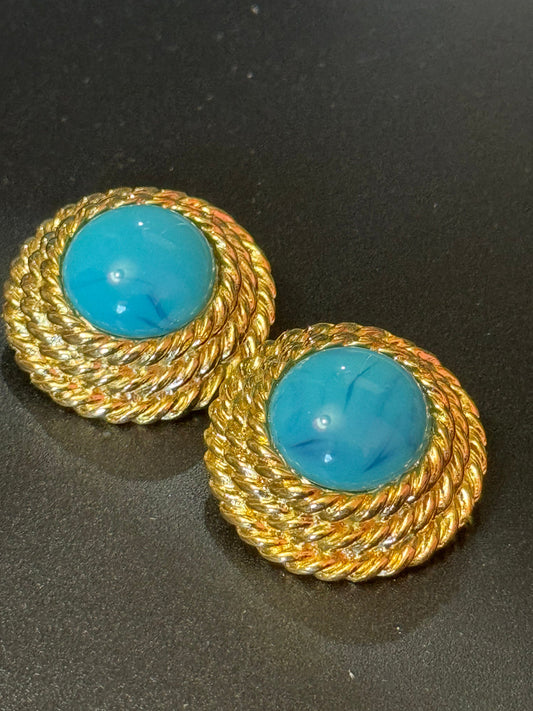 True vintage oversized 3.5cm Gold tone Turquoise blue cabochon nautical rope twist round domed clip on earrings 1980s