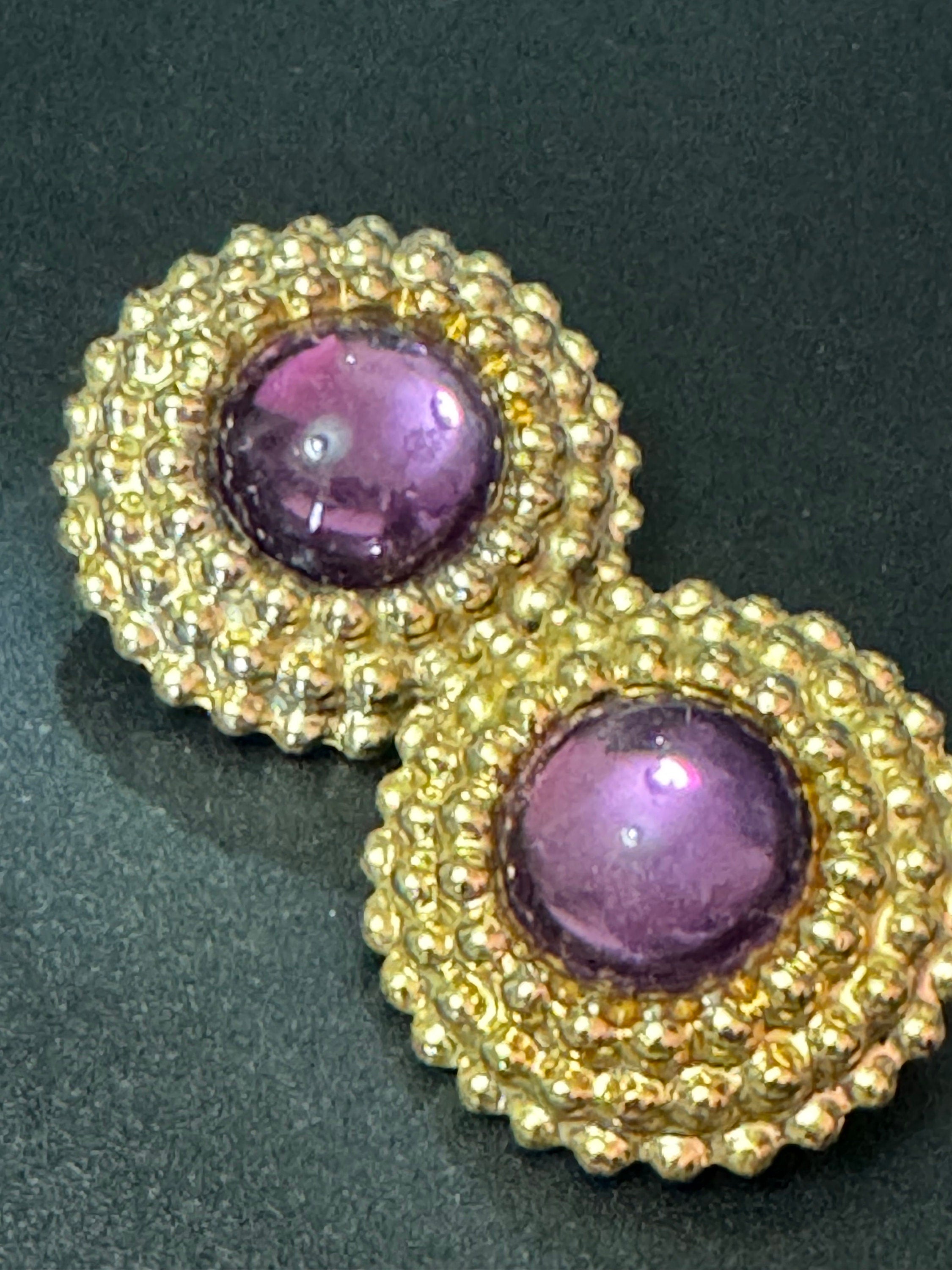 True vintage oversized 3.5cm Gold tone Purple cabochon nautical rope twist round domed clip on earrings 1980s
