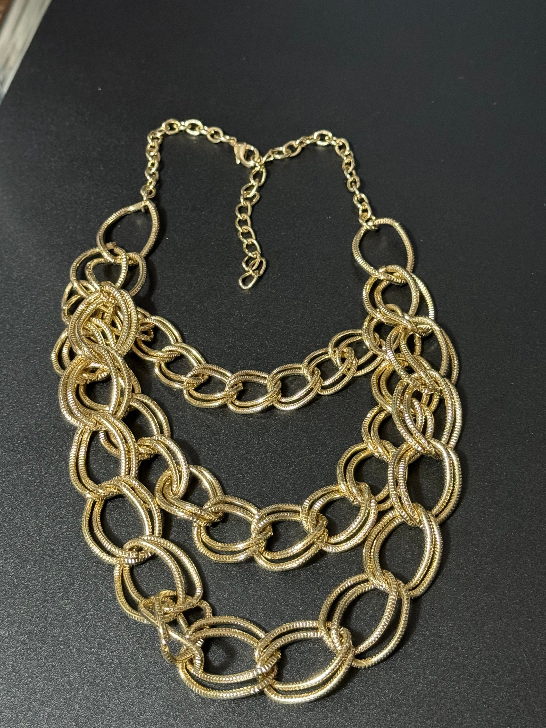 Retro gold tone wide chunky choker Cable chain bib necklace waterfall multi strand  1980s 1990s