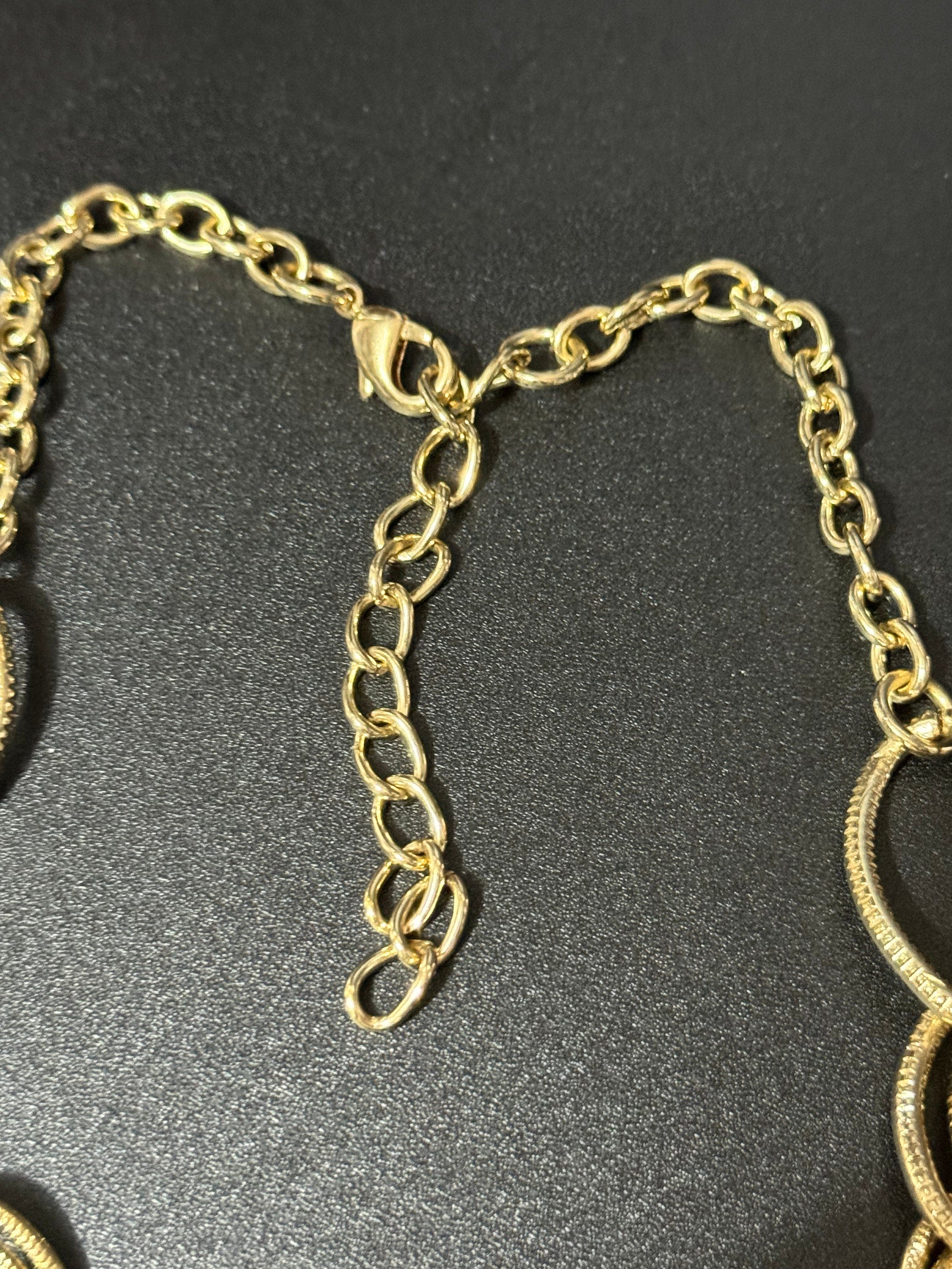 Retro gold tone wide chunky choker Cable chain bib necklace waterfall multi strand  1980s 1990s