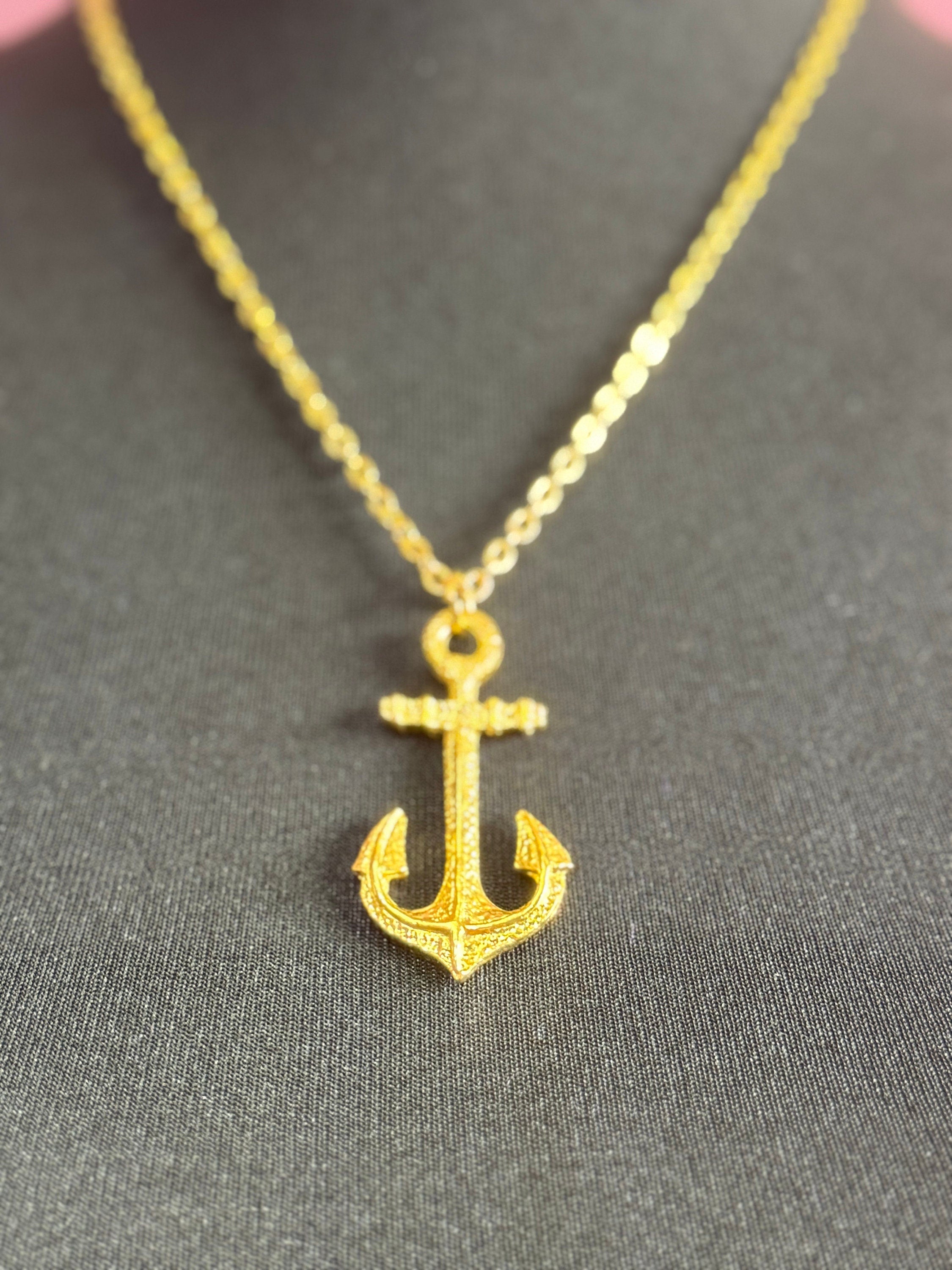 vintage gold tone textured nautical anchor pendant on a 55cm cable chain necklace 1980s