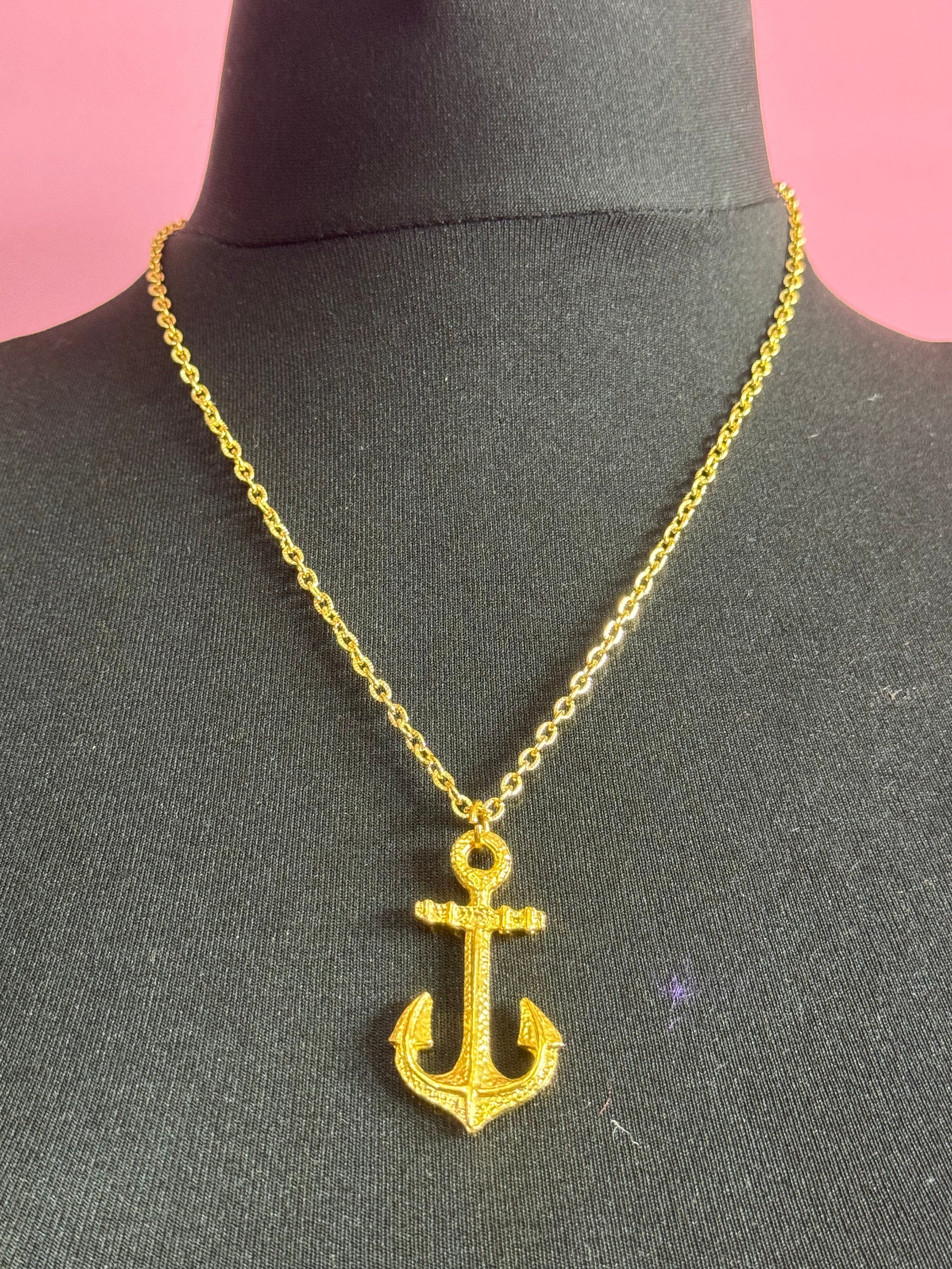 vintage gold tone textured nautical anchor pendant on a 55cm cable chain necklace 1980s
