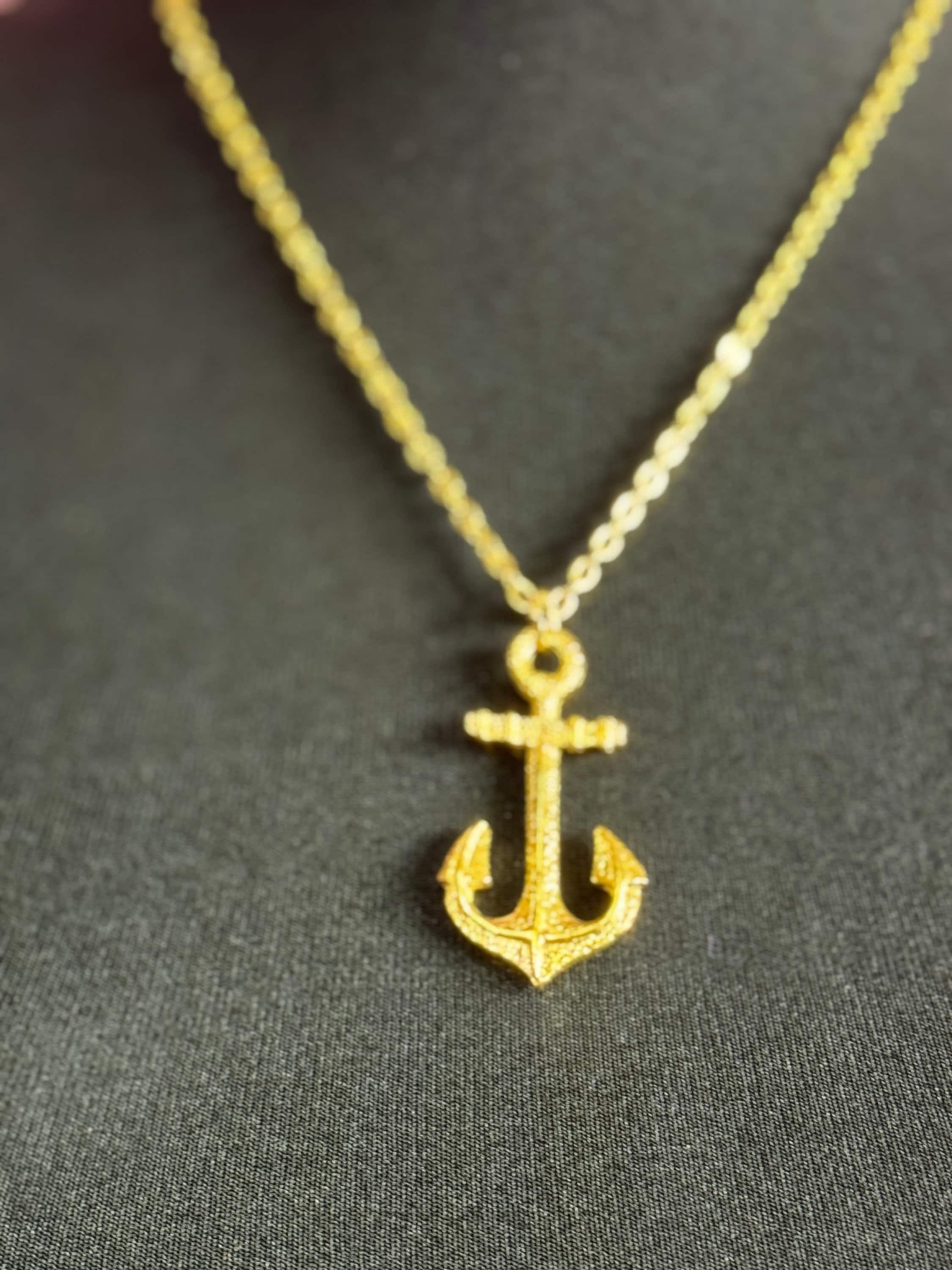 vintage gold tone textured nautical anchor pendant on a 55cm cable chain necklace 1980s