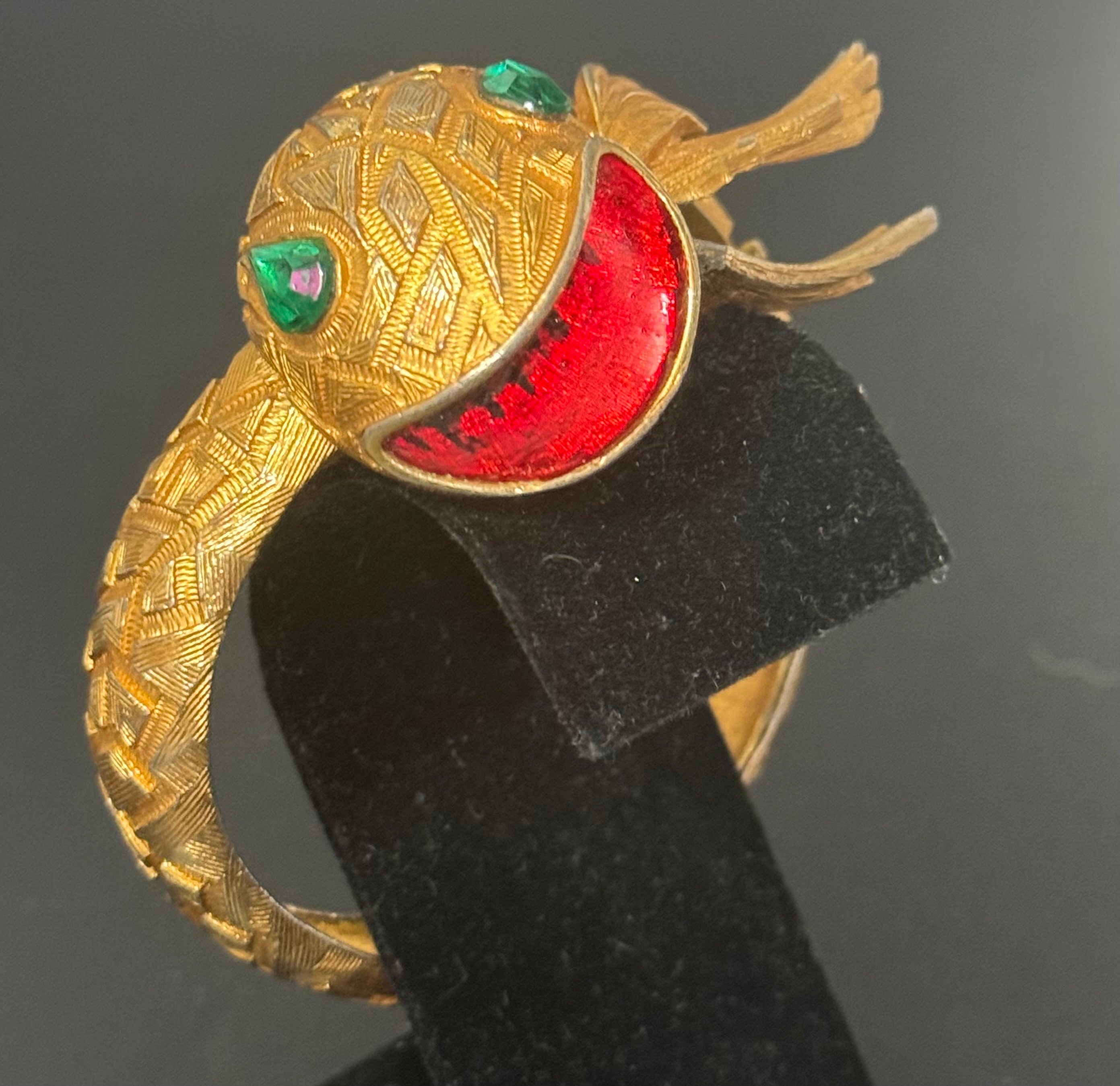 gold Chinese serpent snake clamper bangle bracelet with red enamel and emerald rhinestones mid century