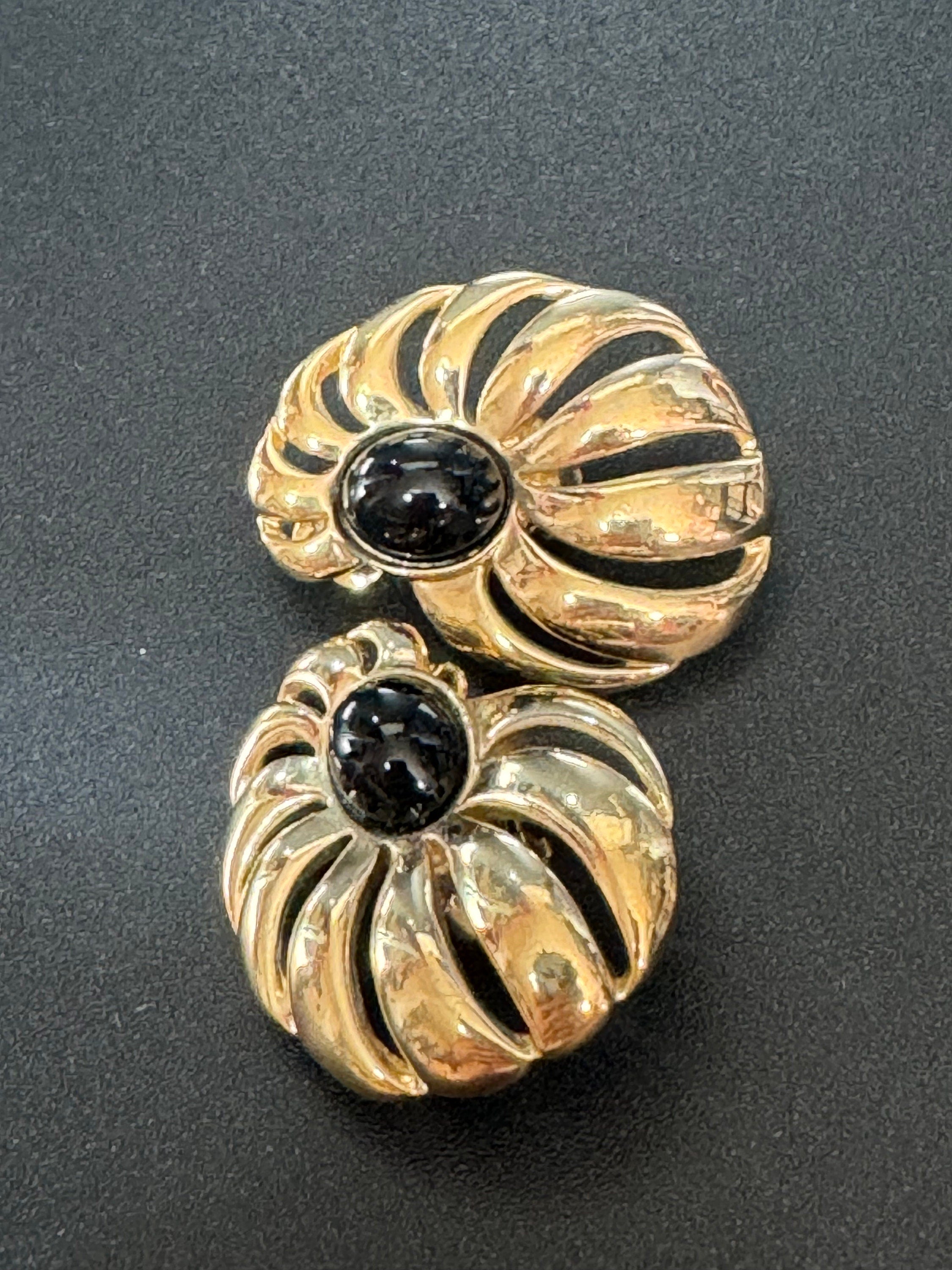 Signed BG Bergdorf Goodman clip on Abstract floral earrings gold tone black enamel statement designer