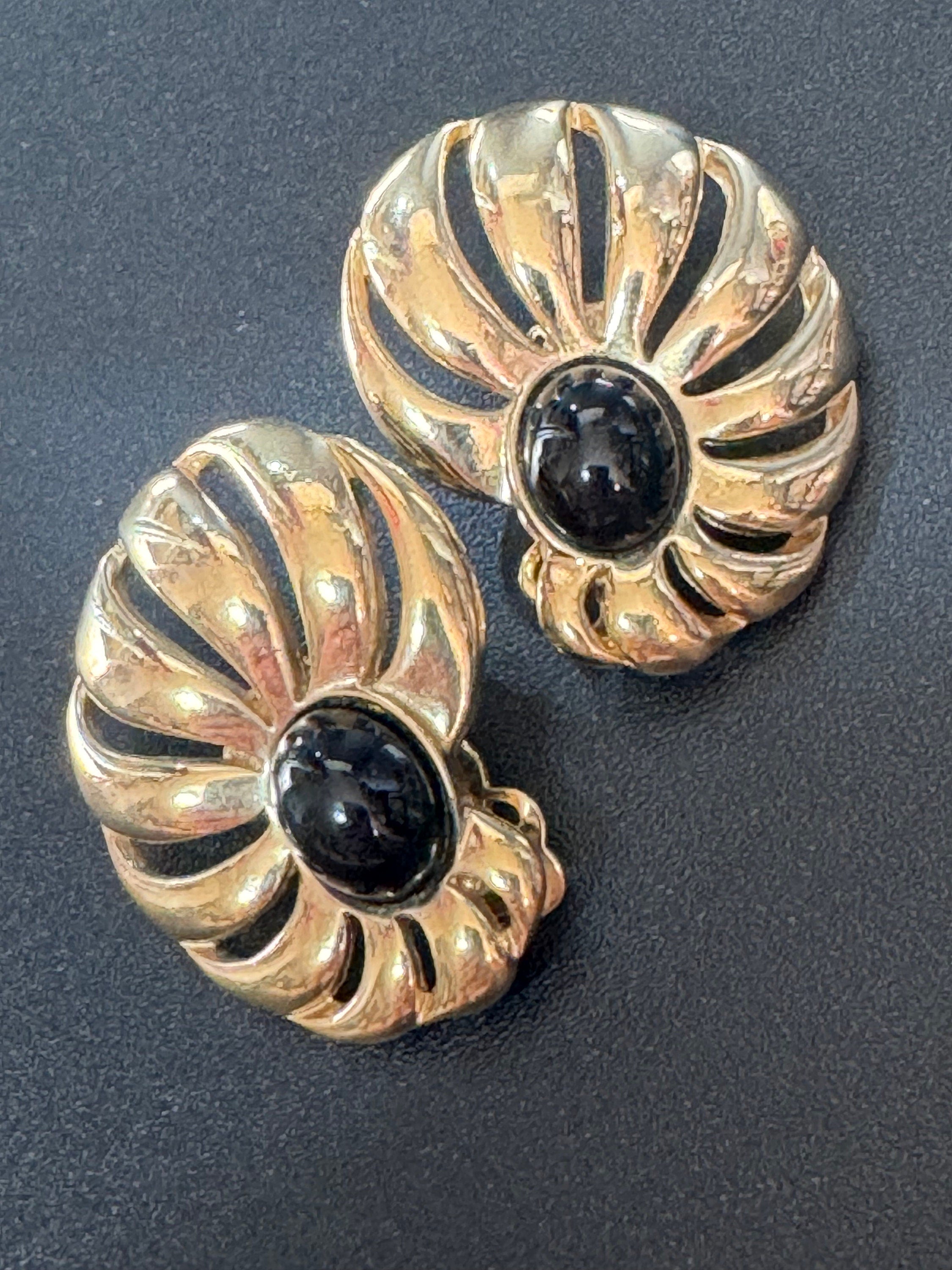 Signed BG Bergdorf Goodman clip on Abstract floral earrings gold tone black enamel statement designer