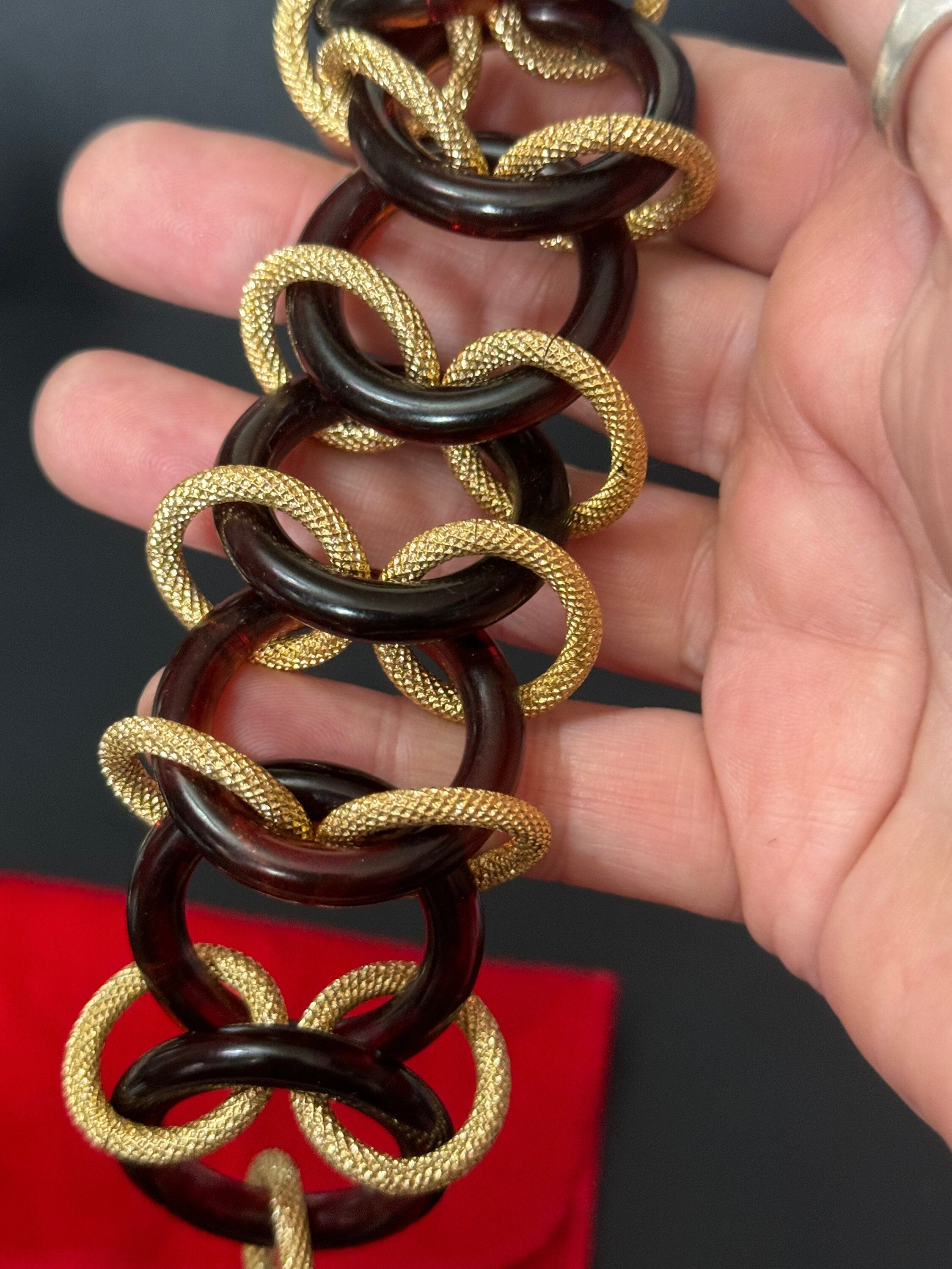 Signed KJL gold tone and faux tortoiseshell plastic link chunky wide curb link chain bracelet toggle closure
