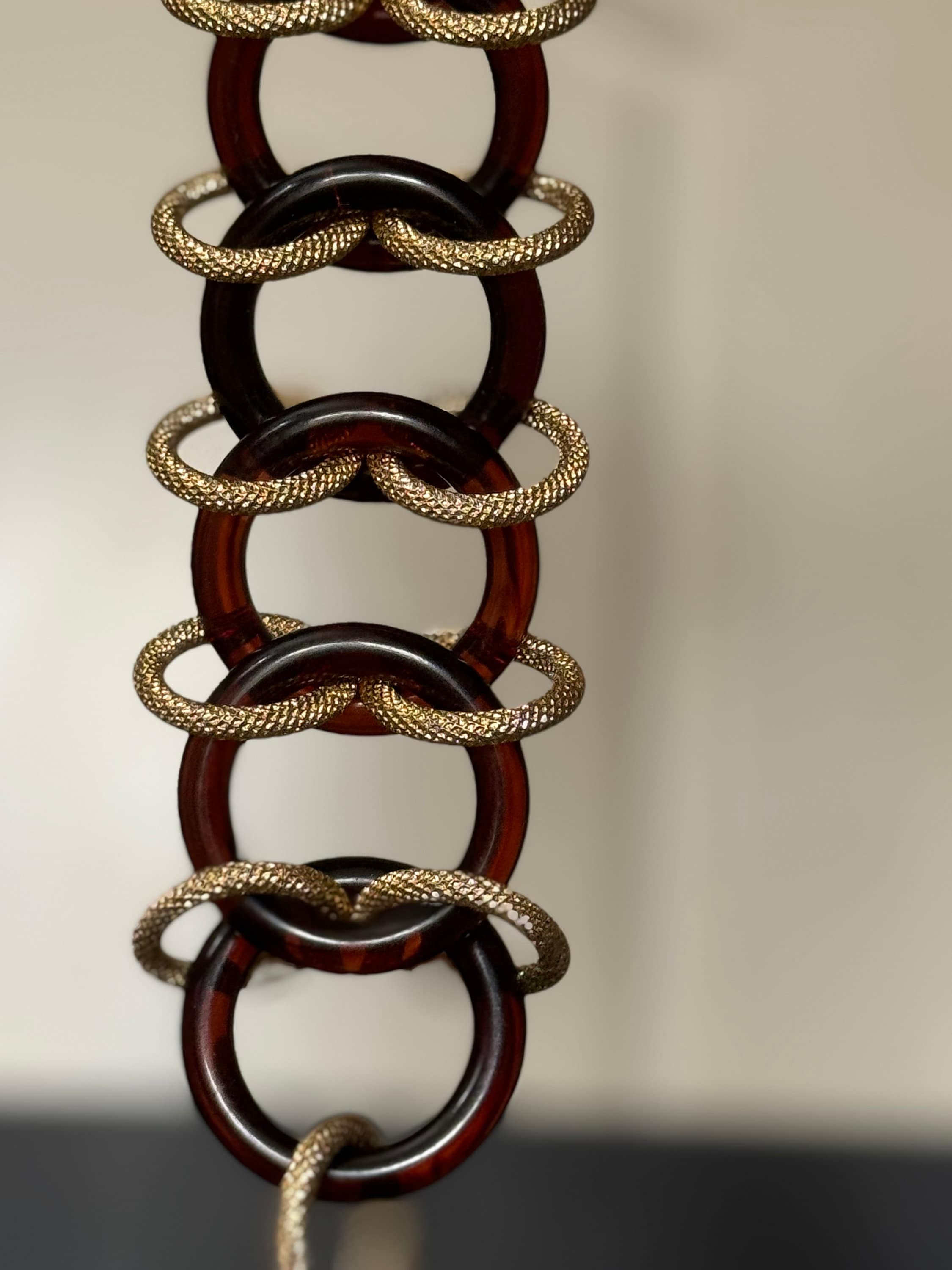 Signed KJL gold tone and faux tortoiseshell plastic link chunky wide curb link chain bracelet toggle closure