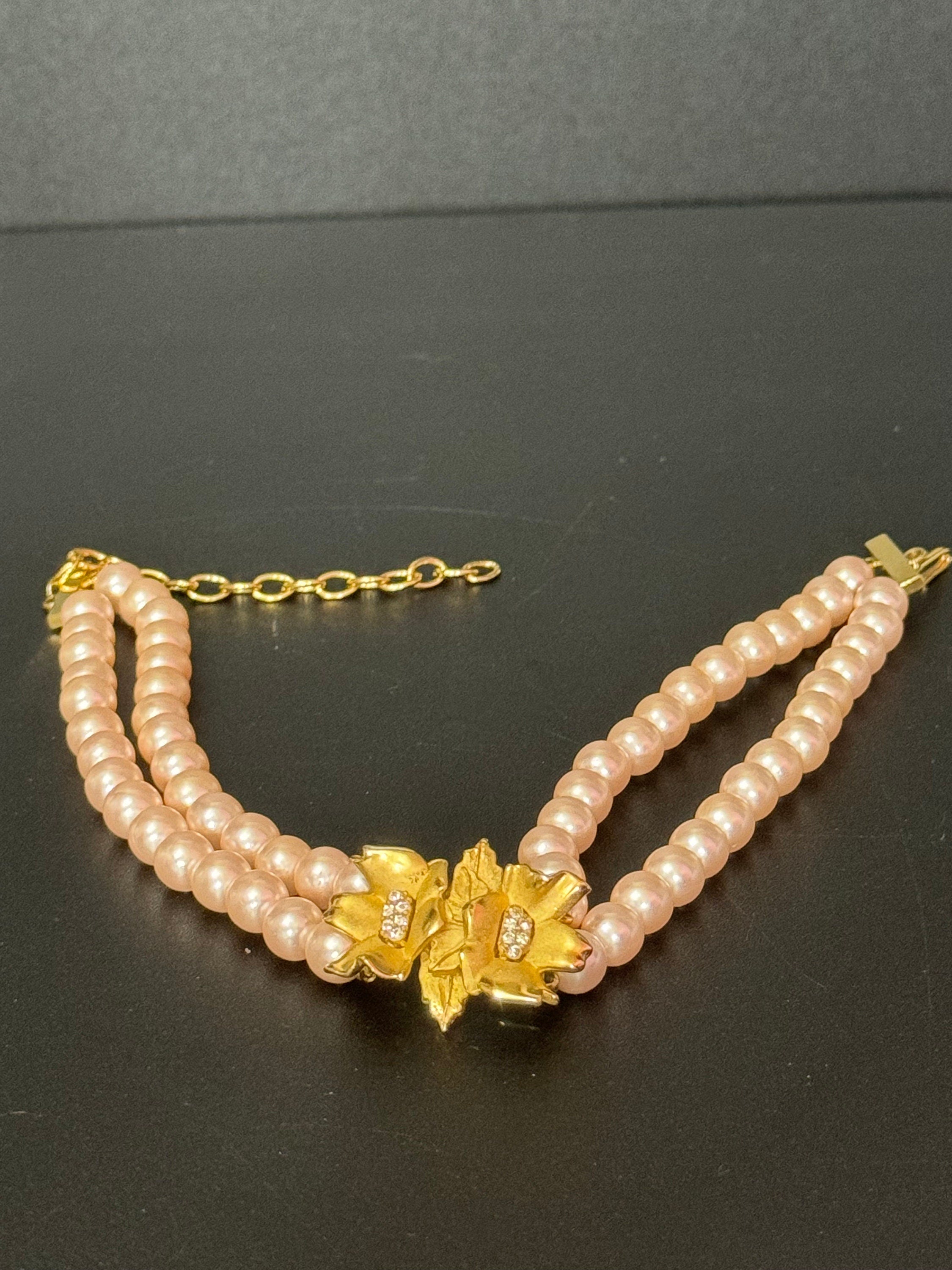 Petite fit 37cm signed RICHELIEU high end vintage pink faux pearl gold tone detail choker necklace