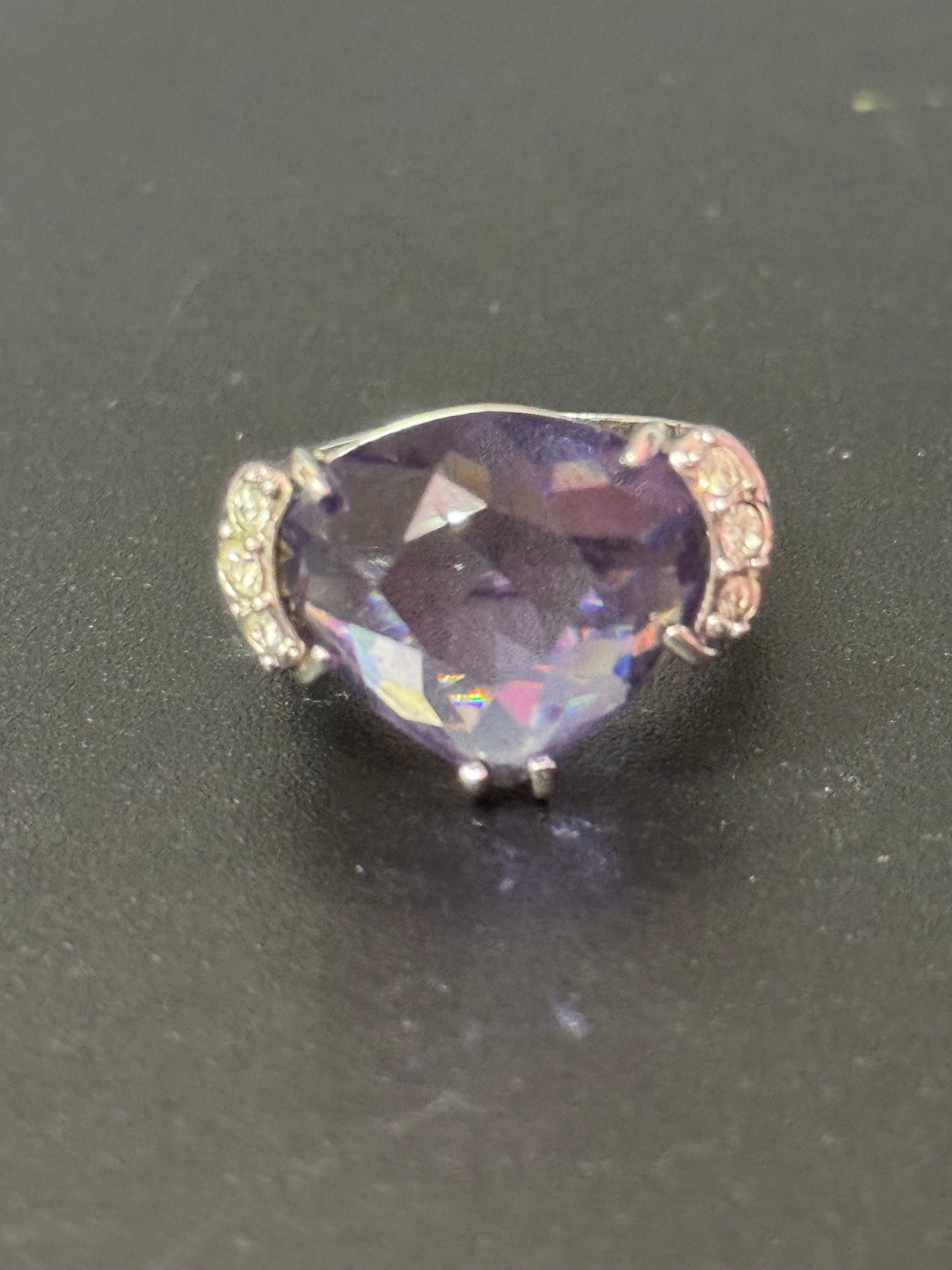 Signed Swarovski Silver Heart Cocktail Ring: Purple Amethyst Crystal, UK Size K.5/L