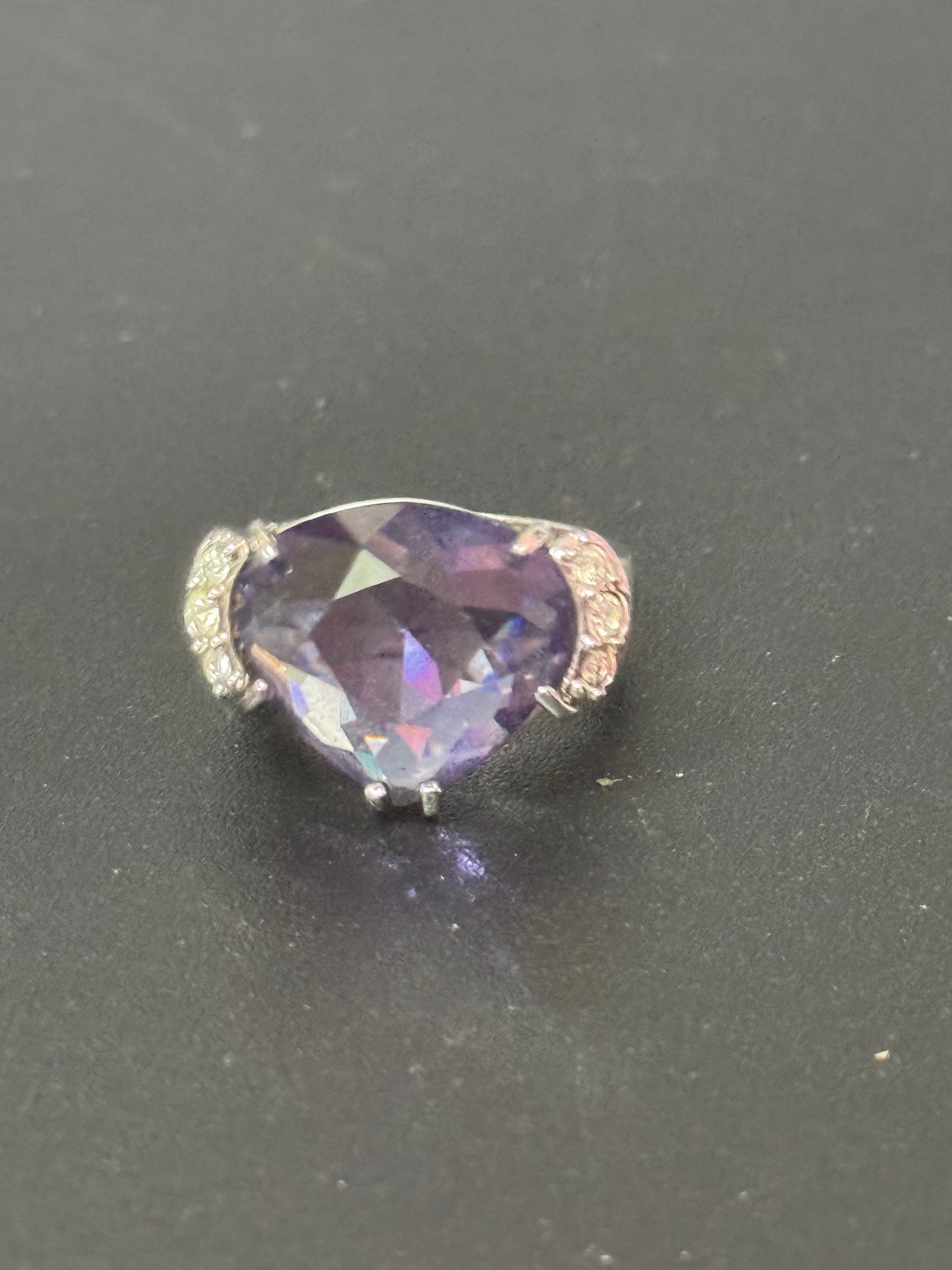 Signed Swarovski Silver Heart Cocktail Ring: Purple Amethyst Crystal, UK Size K.5/L