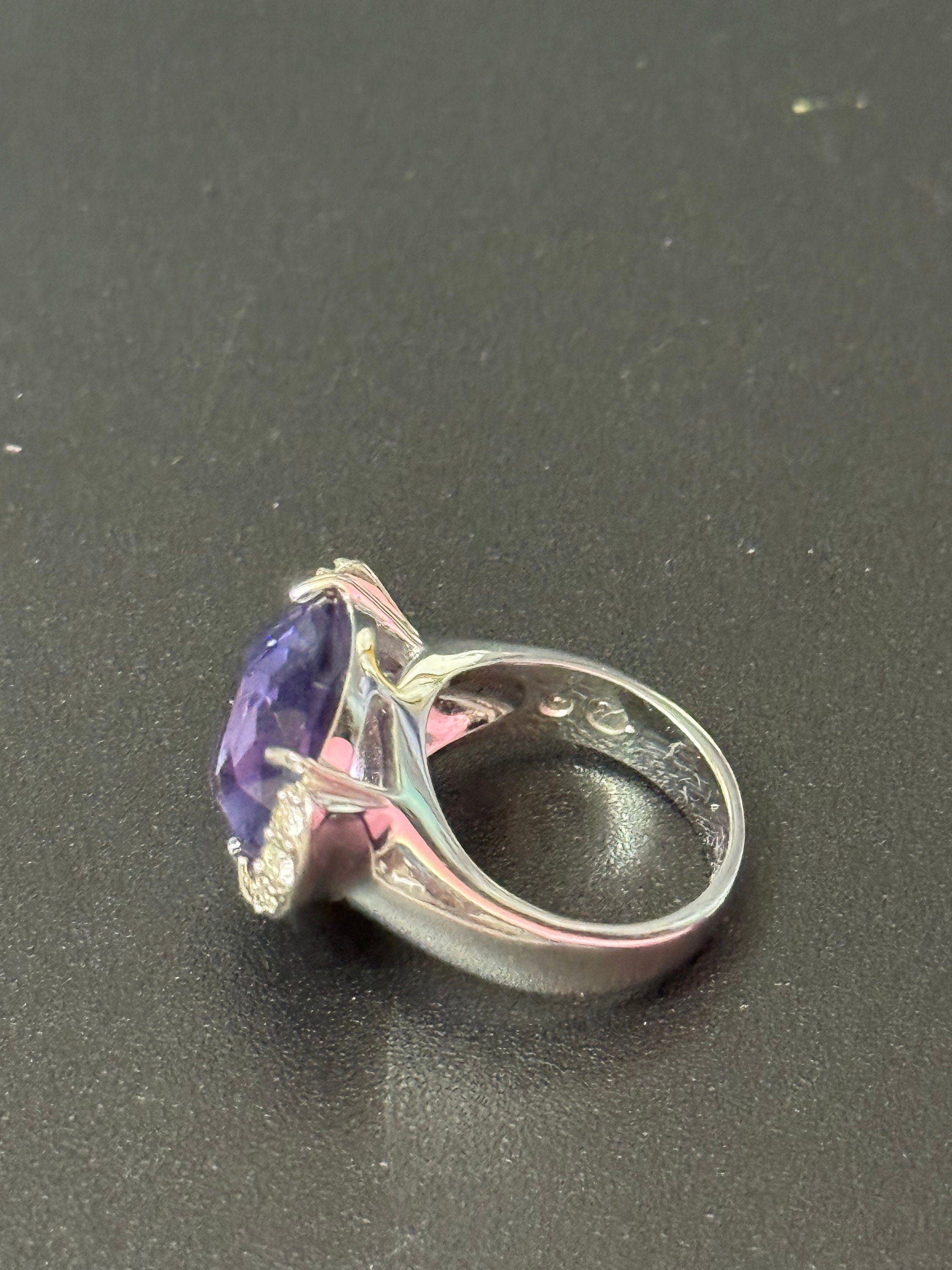 Signed Swarovski Silver Heart Cocktail Ring: Purple Amethyst Crystal, UK Size K.5/L