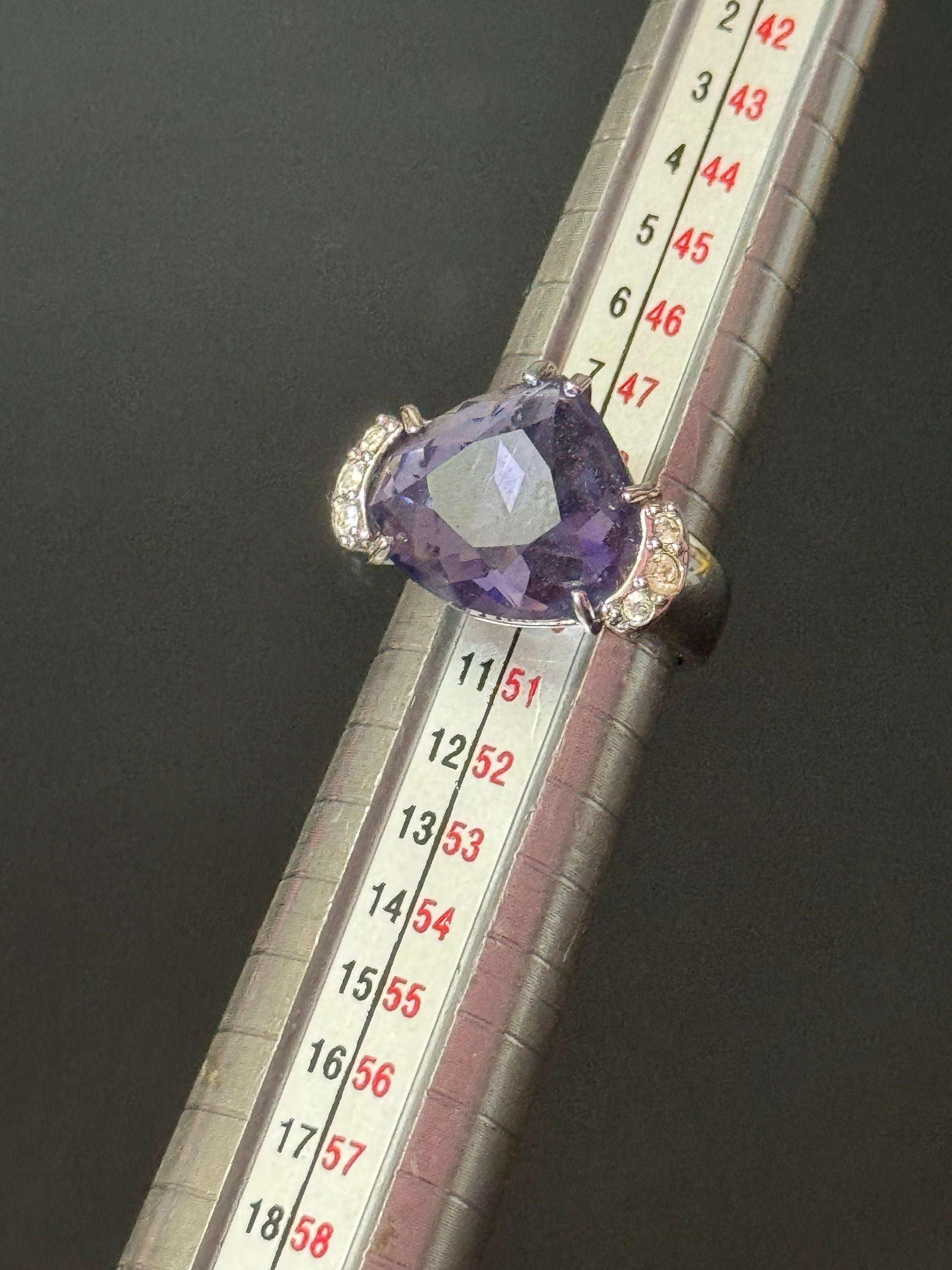 Signed Swarovski Silver Heart Cocktail Ring: Purple Amethyst Crystal, UK Size K.5/L