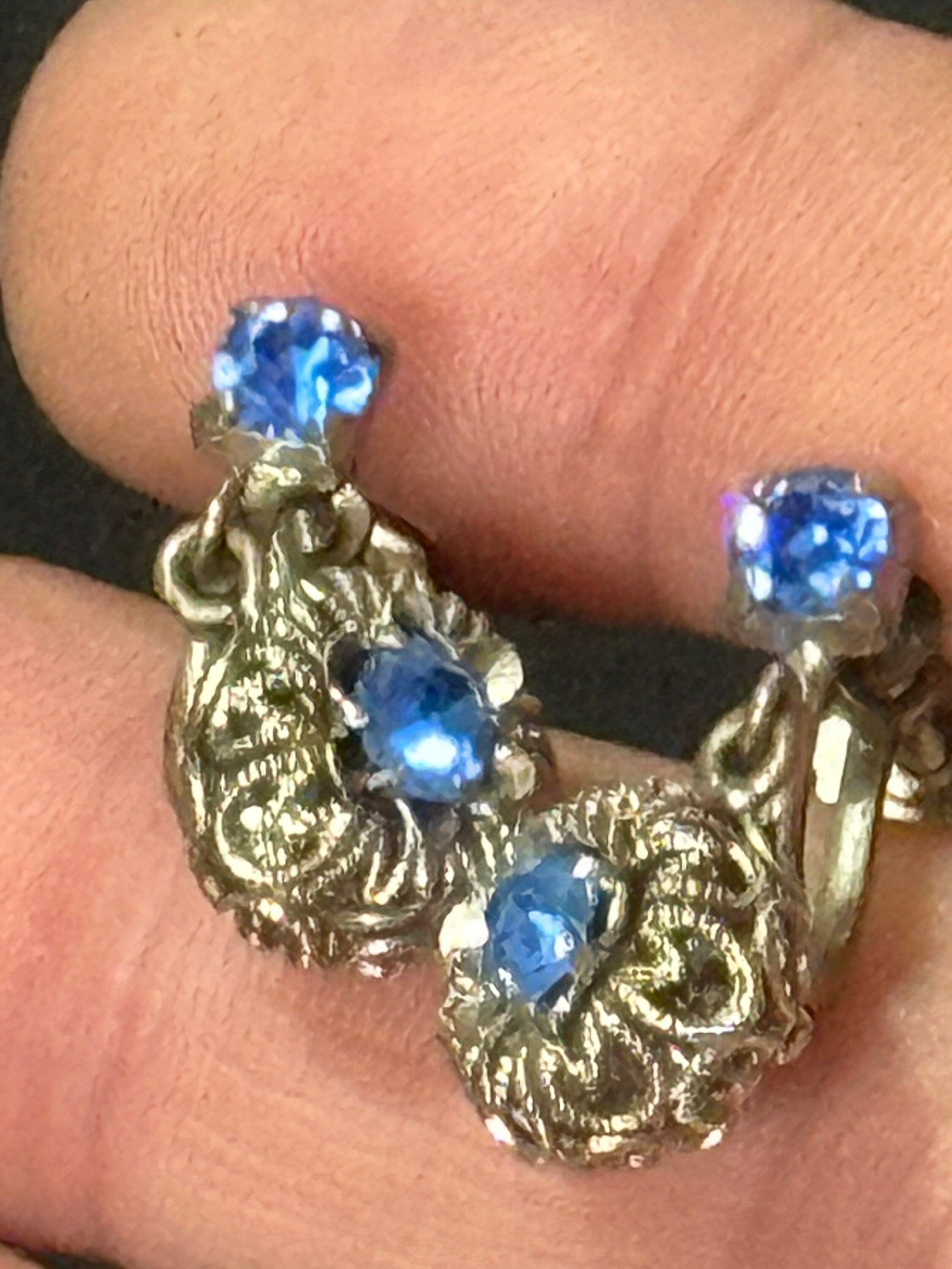 signed west Germany filigree Clip on earrings with sapphire blue paste diamanté