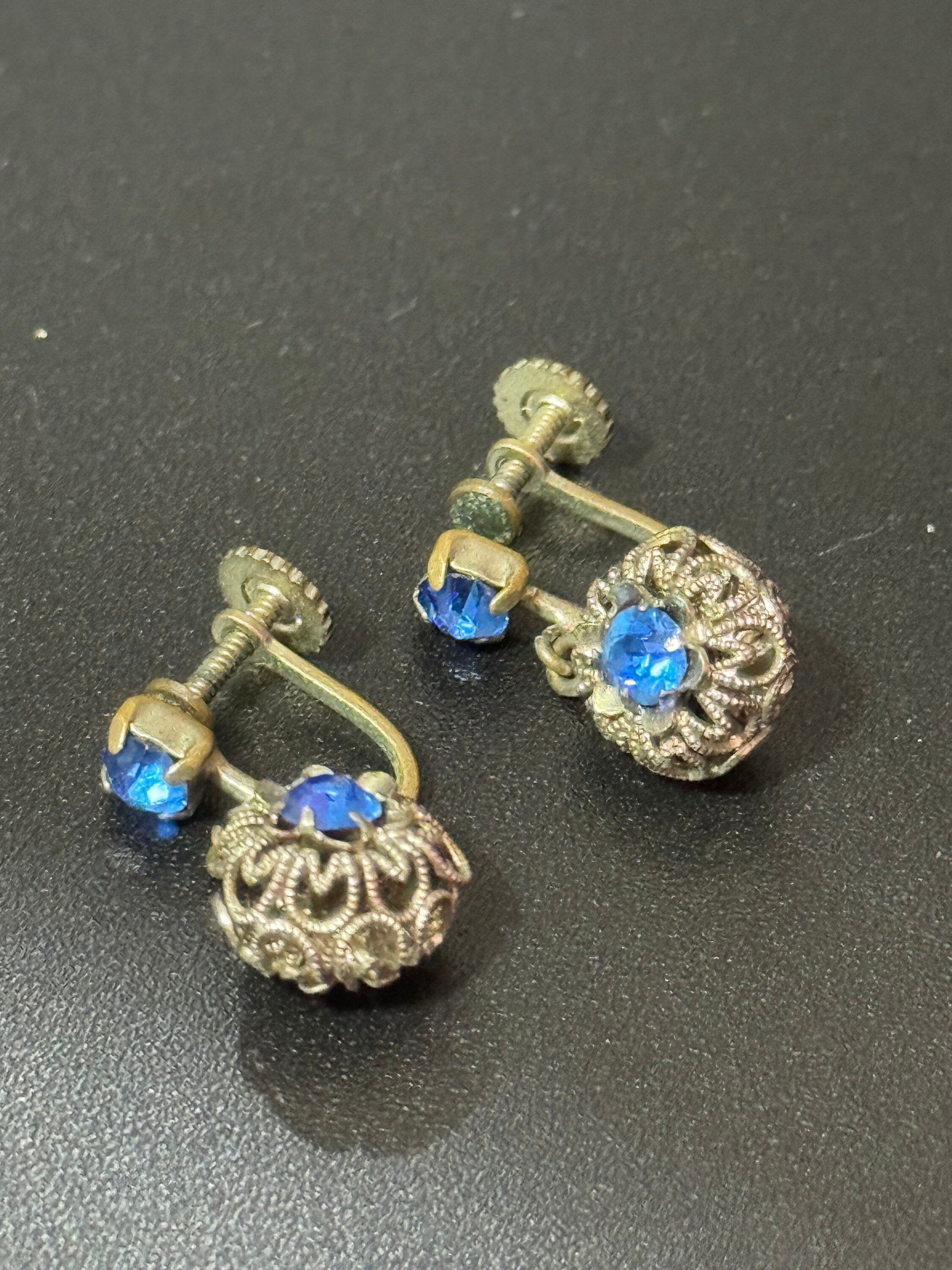 signed west Germany filigree Clip on earrings with sapphire blue paste diamanté