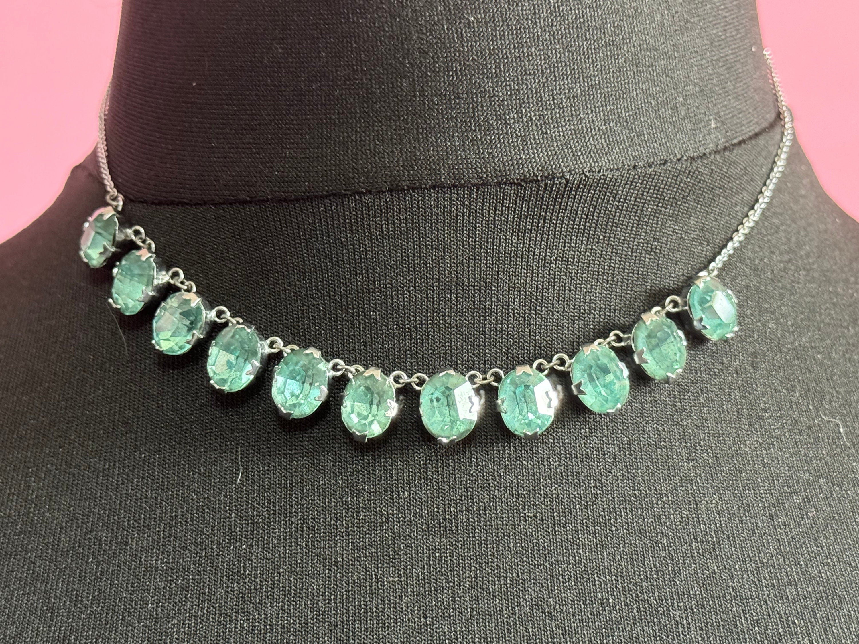 Art Deco foiled open back crystal turquoise blue glass Paste Rhinestone bezel necklace
