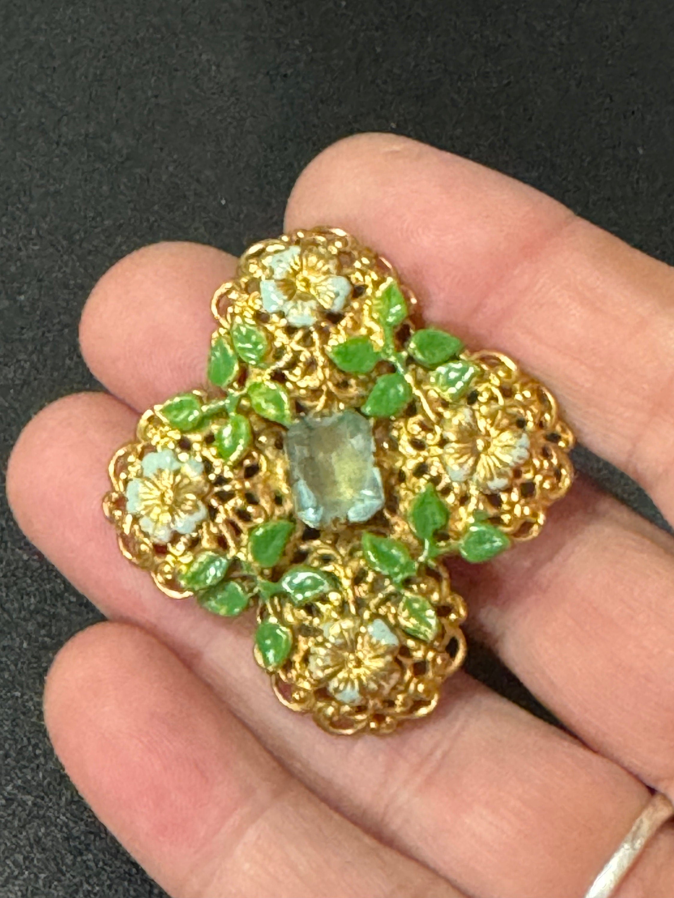 Antique Art Deco Czech brass gilt metal filigree brooch with green enamel and turquoise blue glass paste rhinestones c clasp
