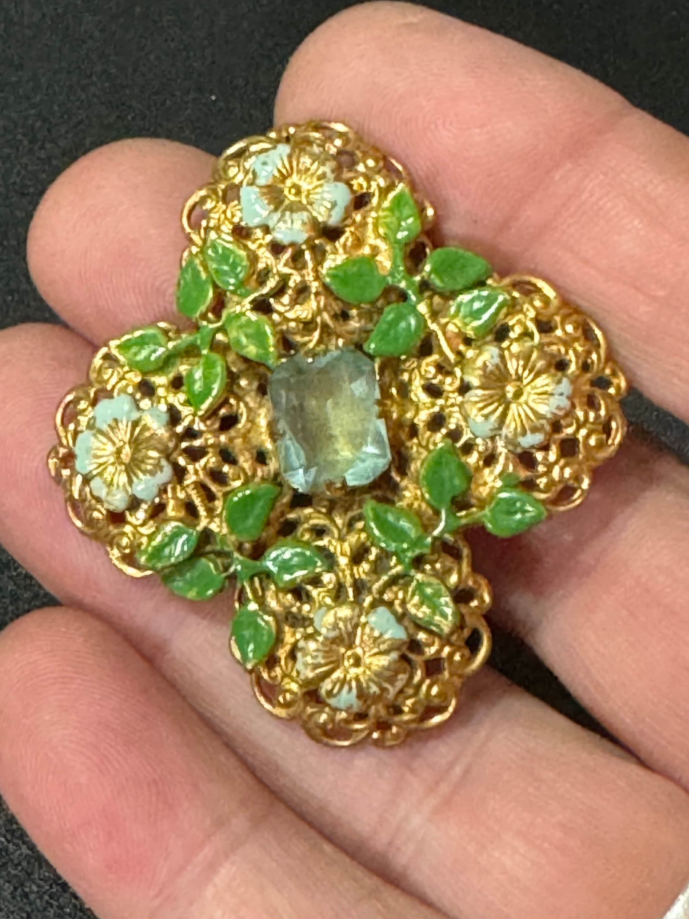Antique Art Deco Czech brass gilt metal filigree brooch with green enamel and turquoise blue glass paste rhinestones c clasp
