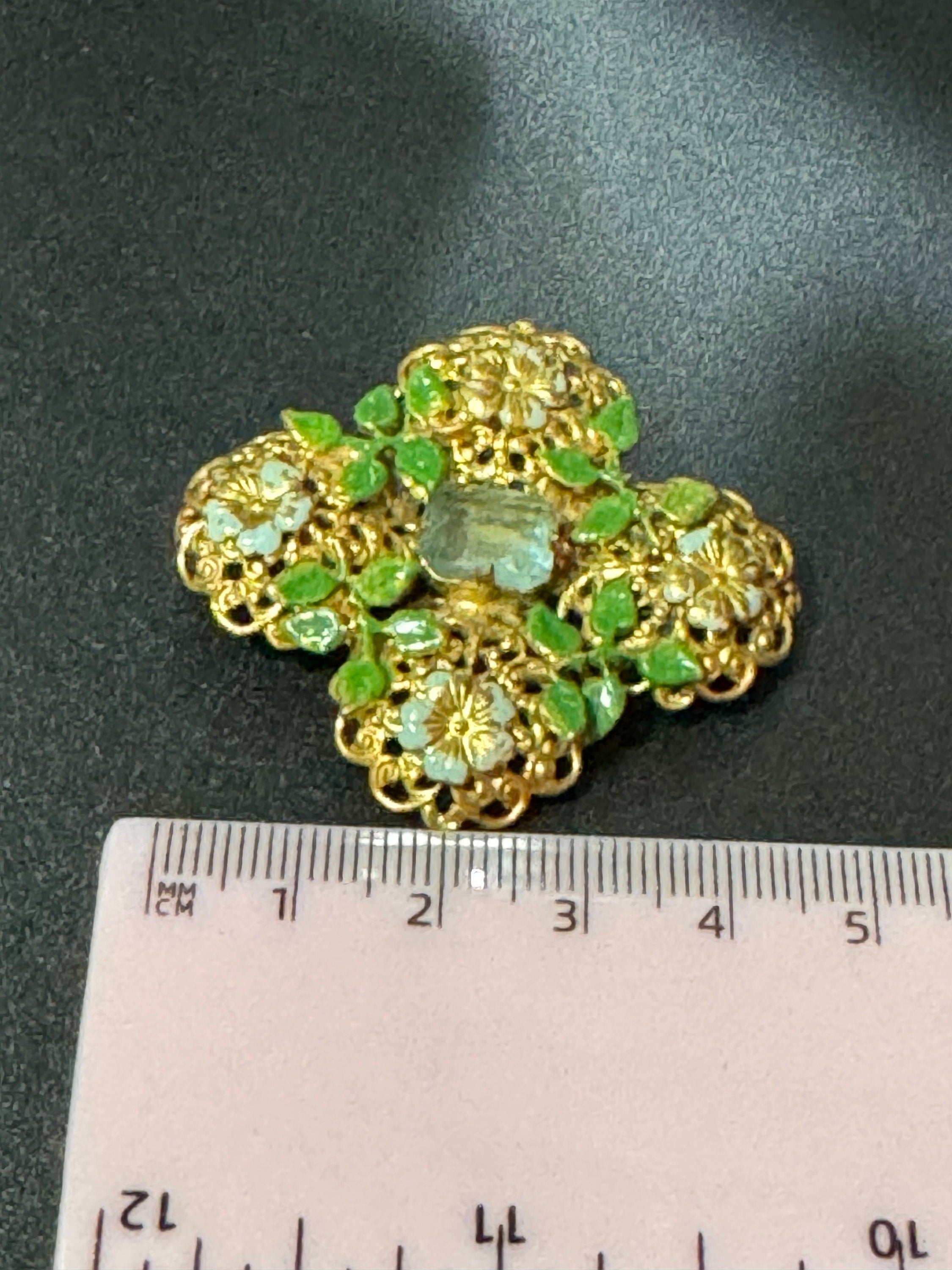 Antique Art Deco Czech brass gilt metal filigree brooch with green enamel and turquoise blue glass paste rhinestones c clasp