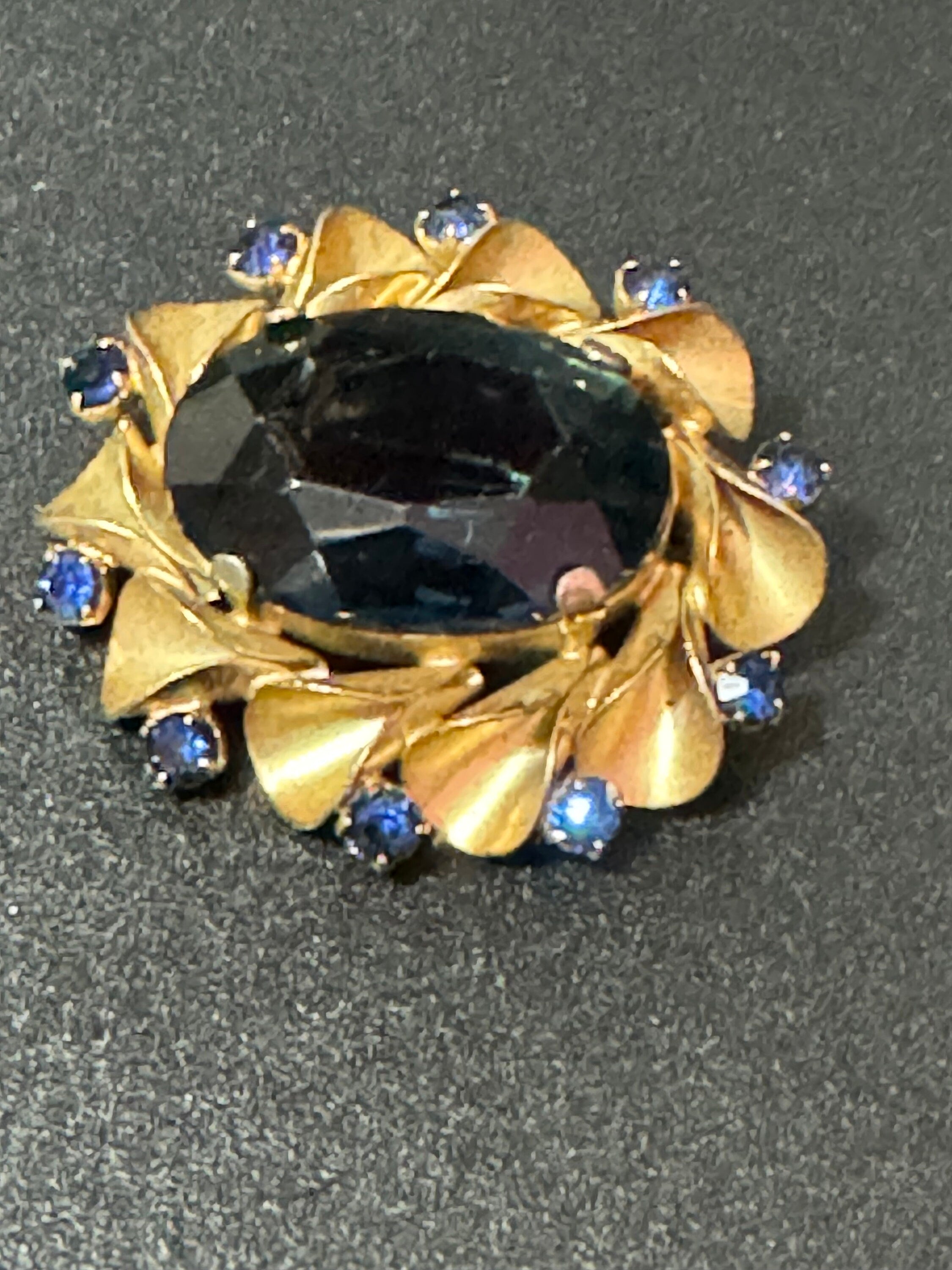 Vintage gold brass Blue sapphire Cut glass diamante Brooch something blue trombone clasp