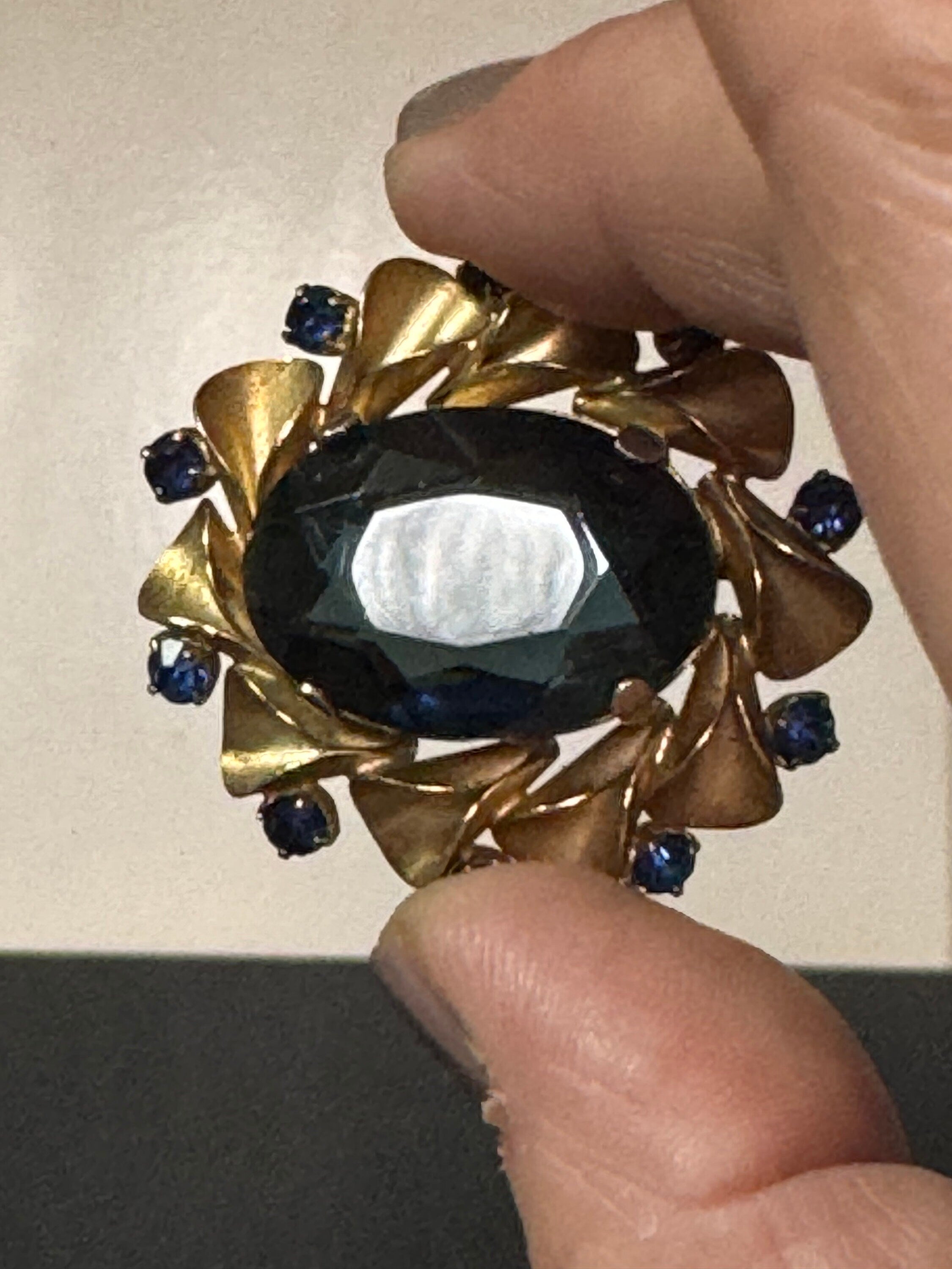 Vintage gold brass Blue sapphire Cut glass diamante Brooch something blue trombone clasp