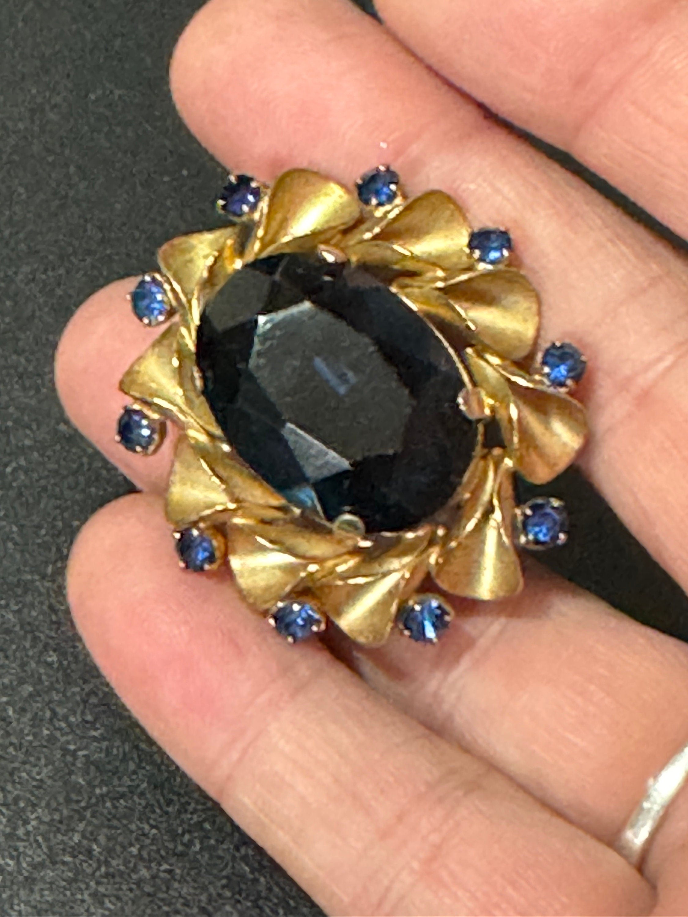 Vintage gold brass Blue sapphire Cut glass diamante Brooch something blue trombone clasp