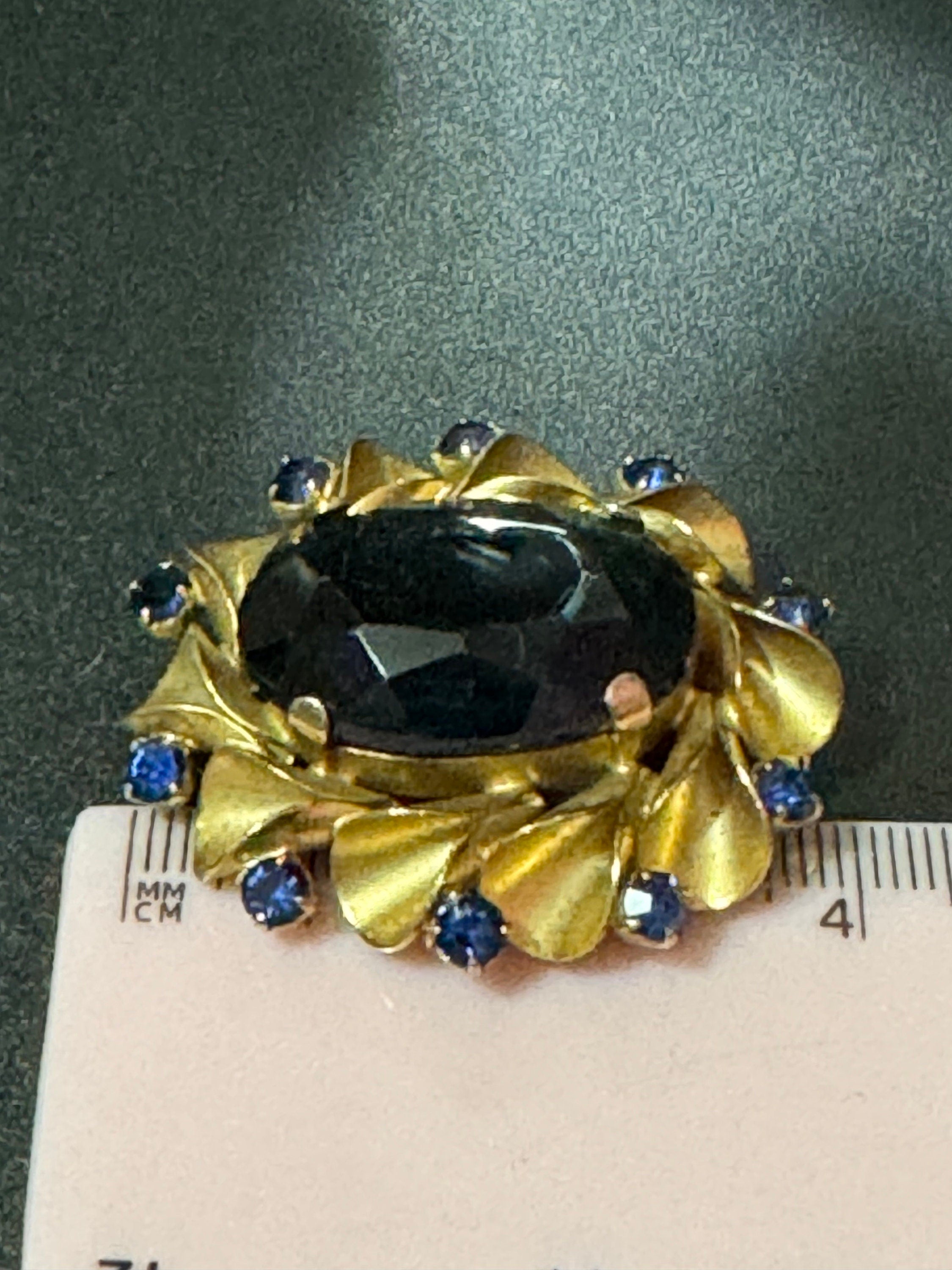 Vintage gold brass Blue sapphire Cut glass diamante Brooch something blue trombone clasp