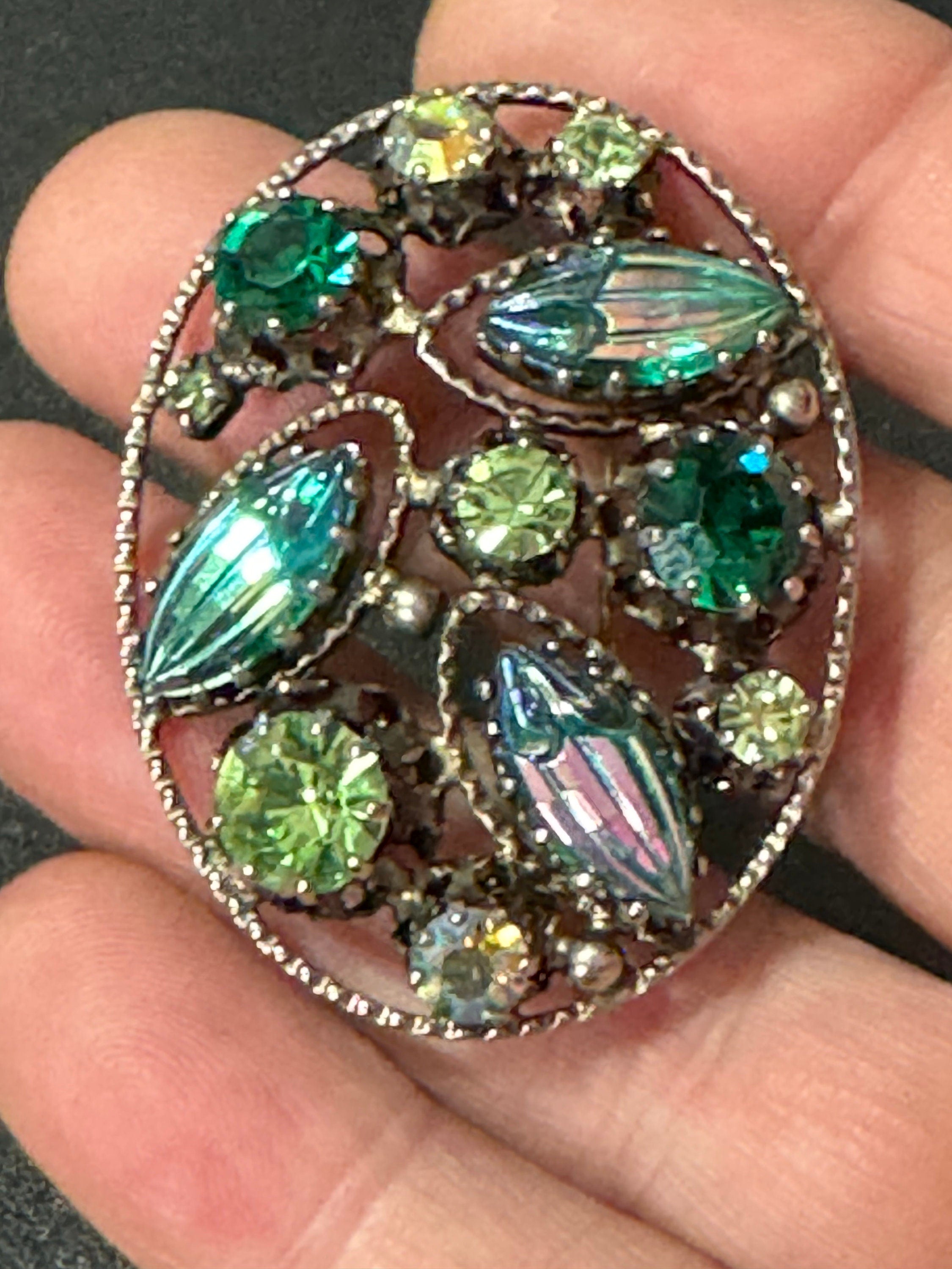 Large vintage gold tone blue green AB rhinestone glass brooch 5cm Aurora borealis