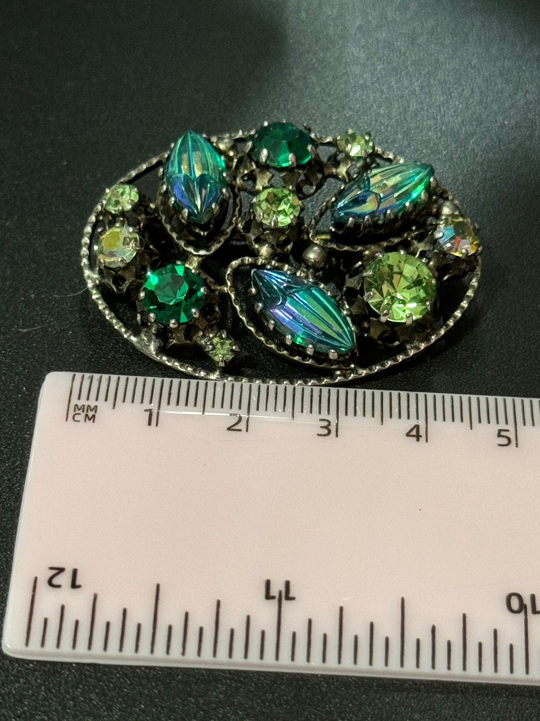 Large vintage gold tone blue green AB rhinestone glass brooch 5cm Aurora borealis