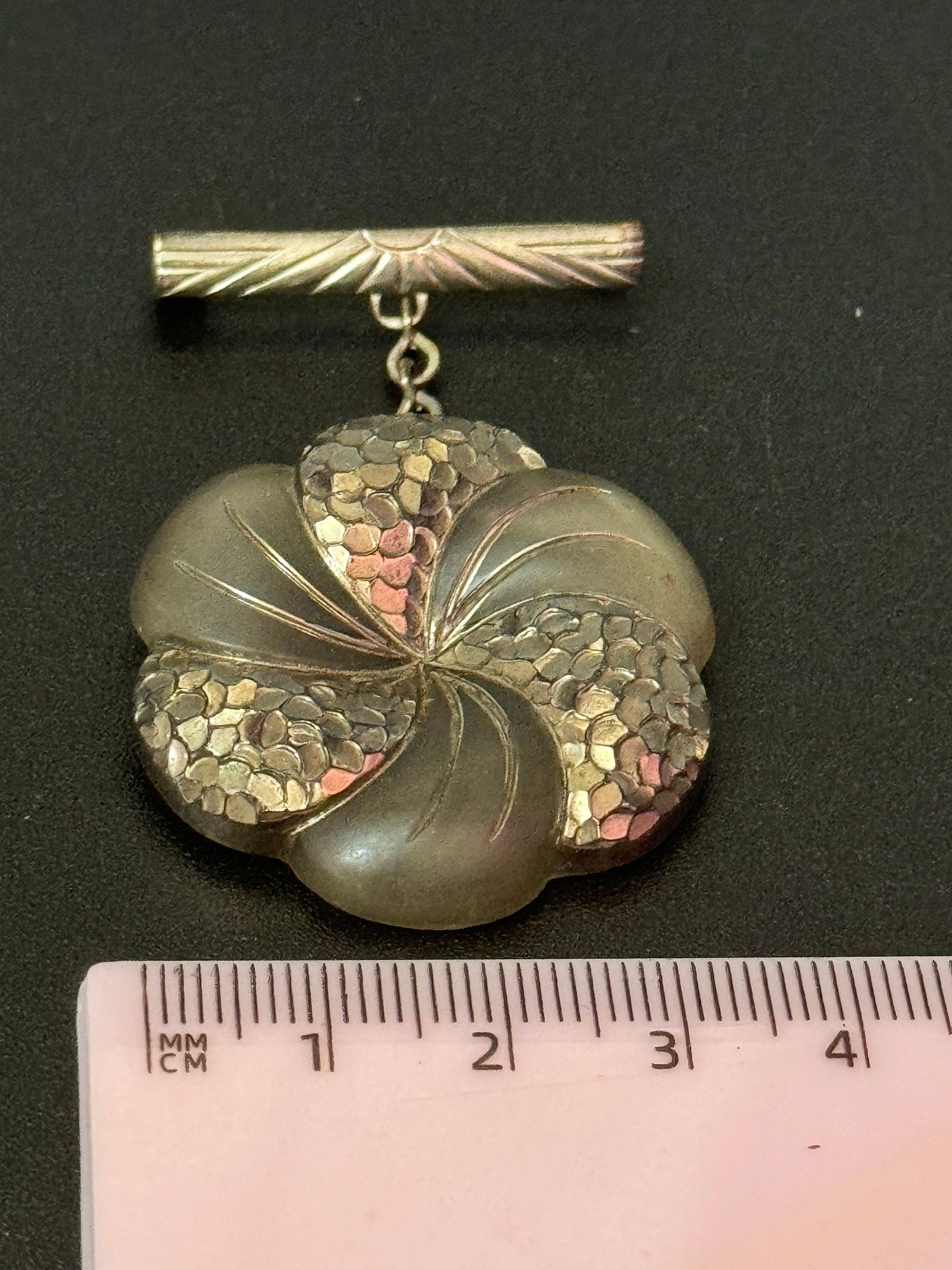 Antique art deco camphor glass style floral drop medal brooch