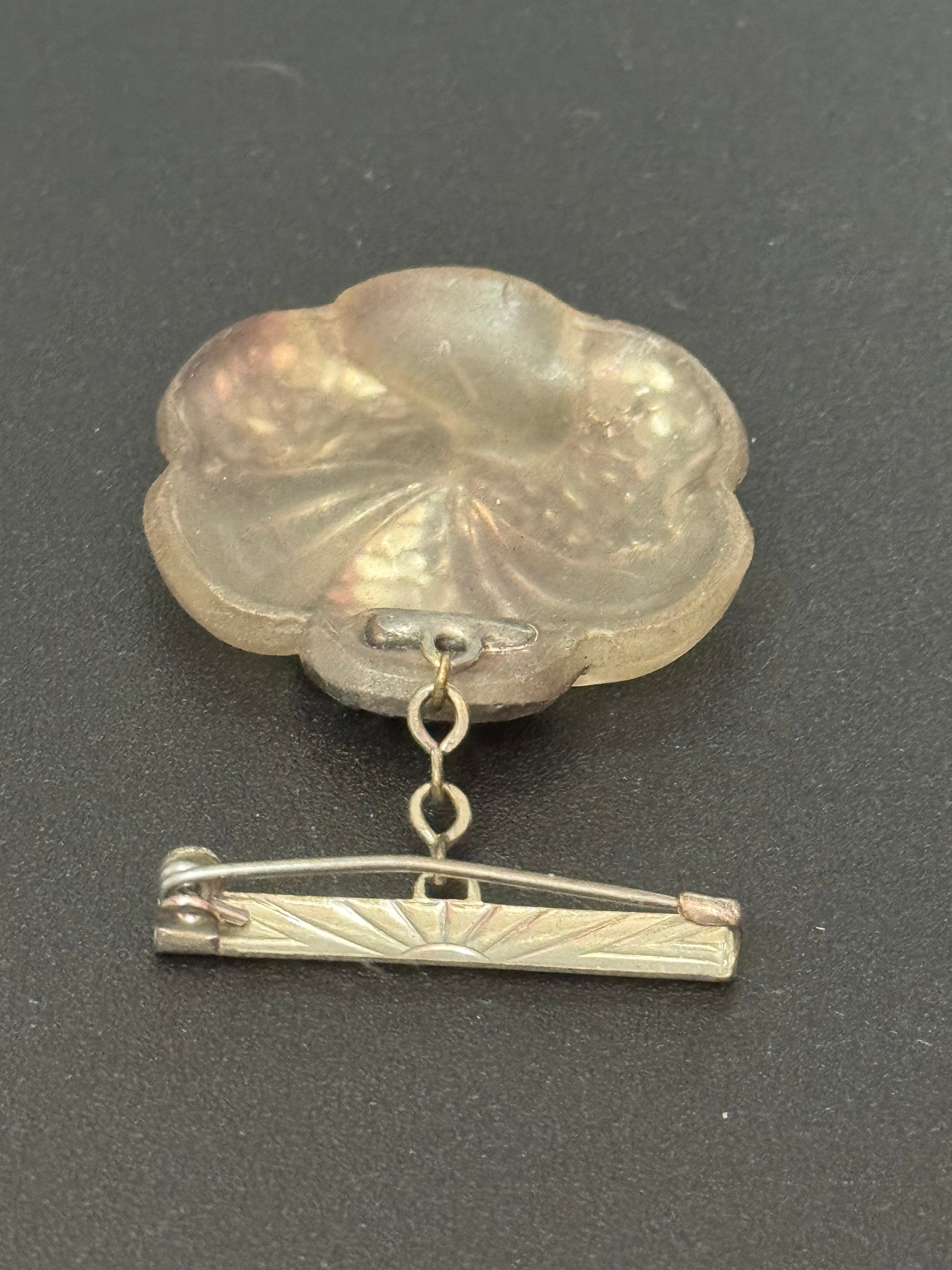 Antique art deco camphor glass style floral drop medal brooch