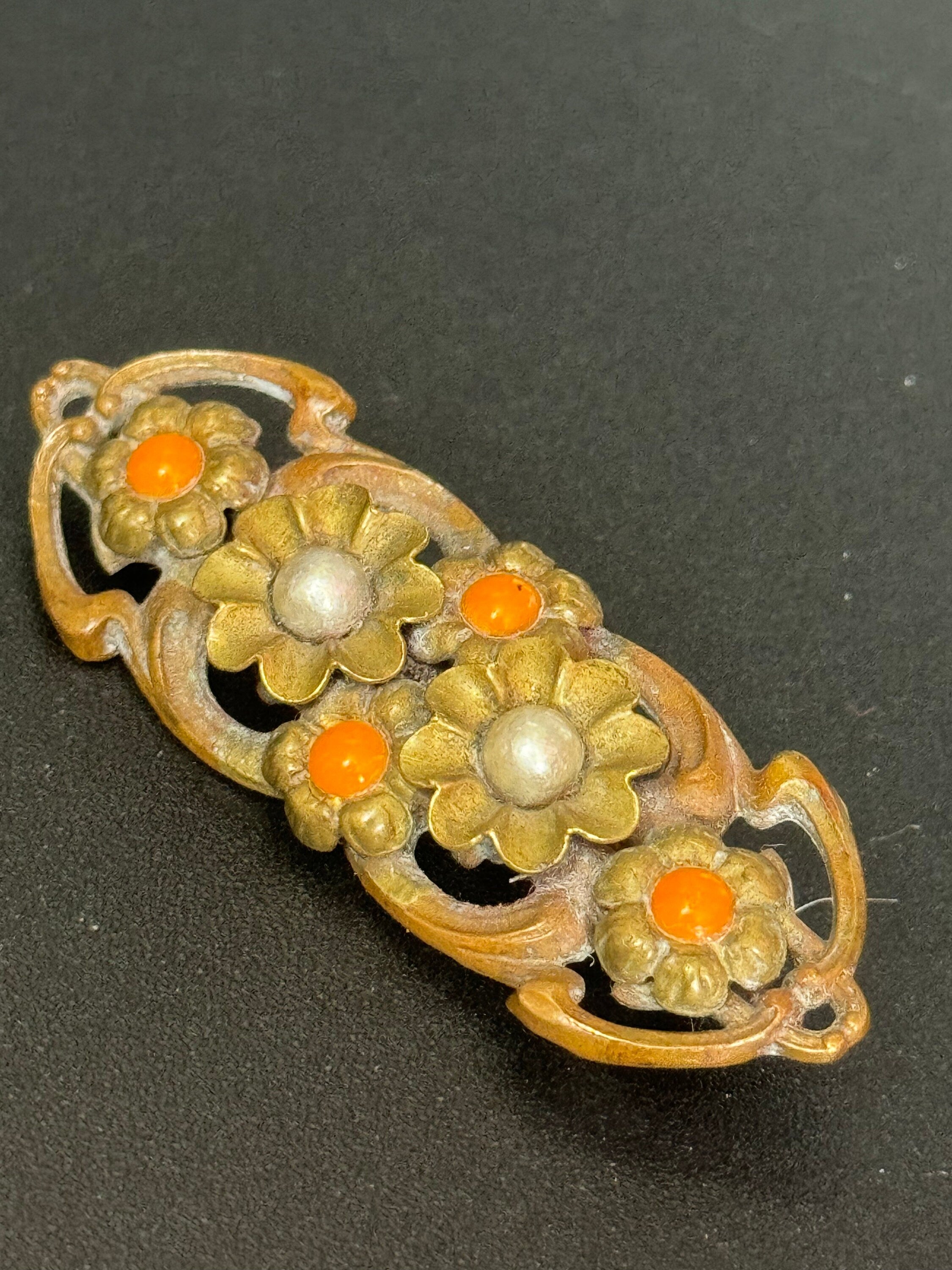 Antique Art Deco Czech large brass metal buckle brooch with faux orange coral glass cabochons trombone clasp vintage