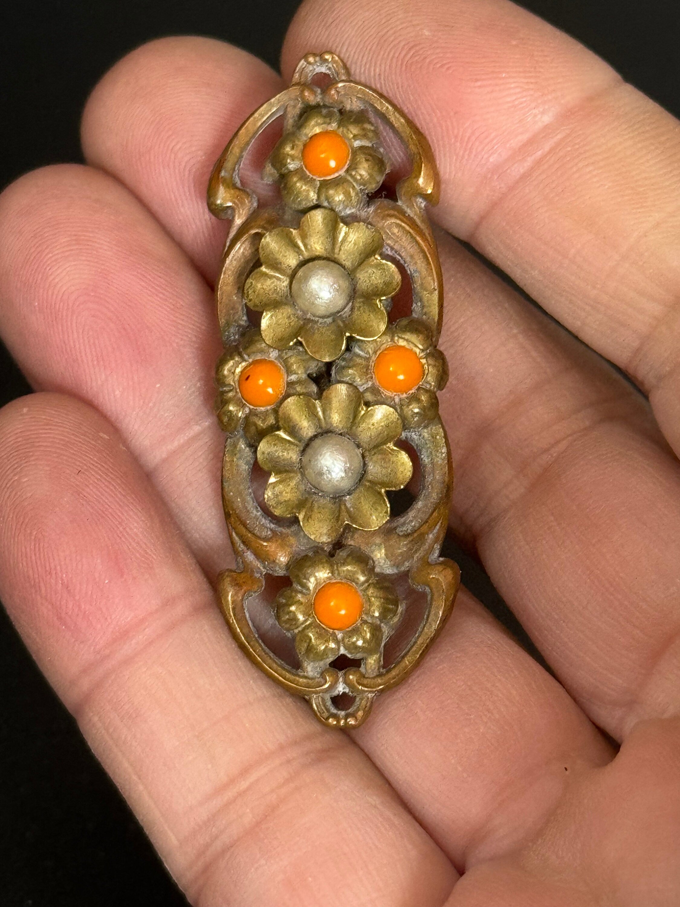 Antique Art Deco Czech large brass metal buckle brooch with faux orange coral glass cabochons trombone clasp vintage