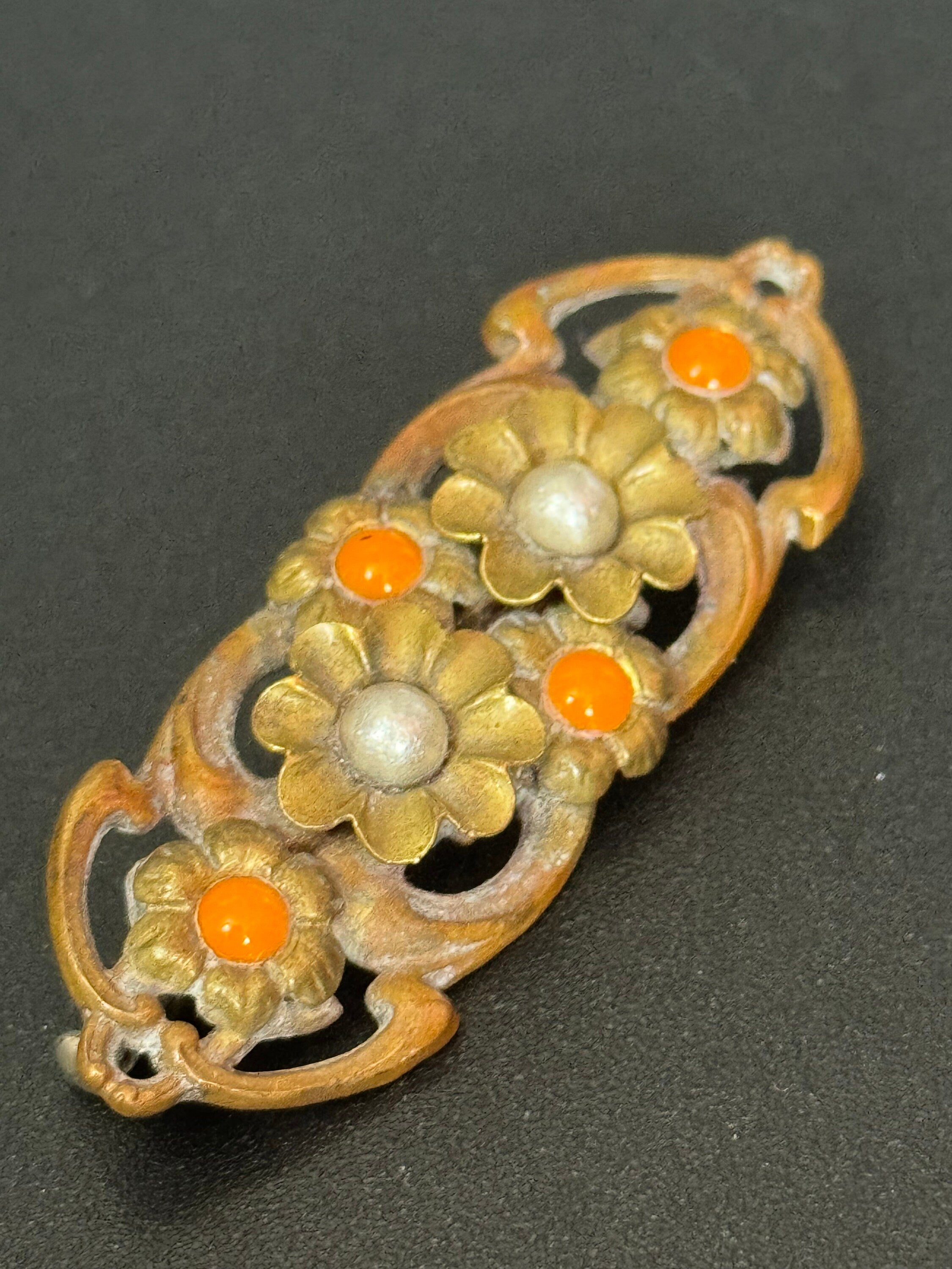 Antique Art Deco Czech large brass metal buckle brooch with faux orange coral glass cabochons trombone clasp vintage