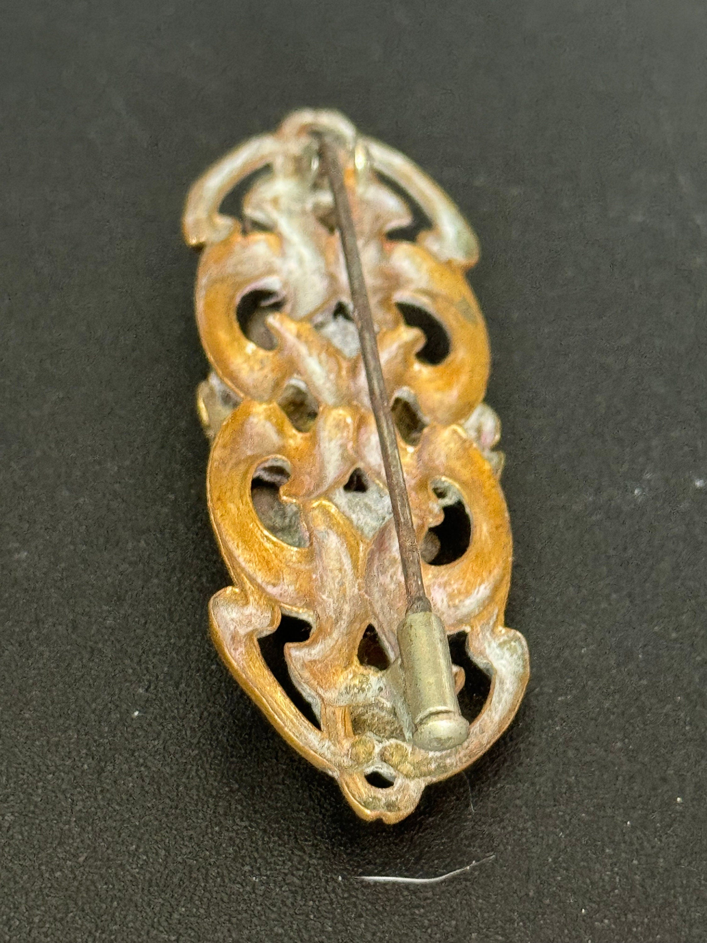 Antique Art Deco Czech large brass metal buckle brooch with faux orange coral glass cabochons trombone clasp vintage