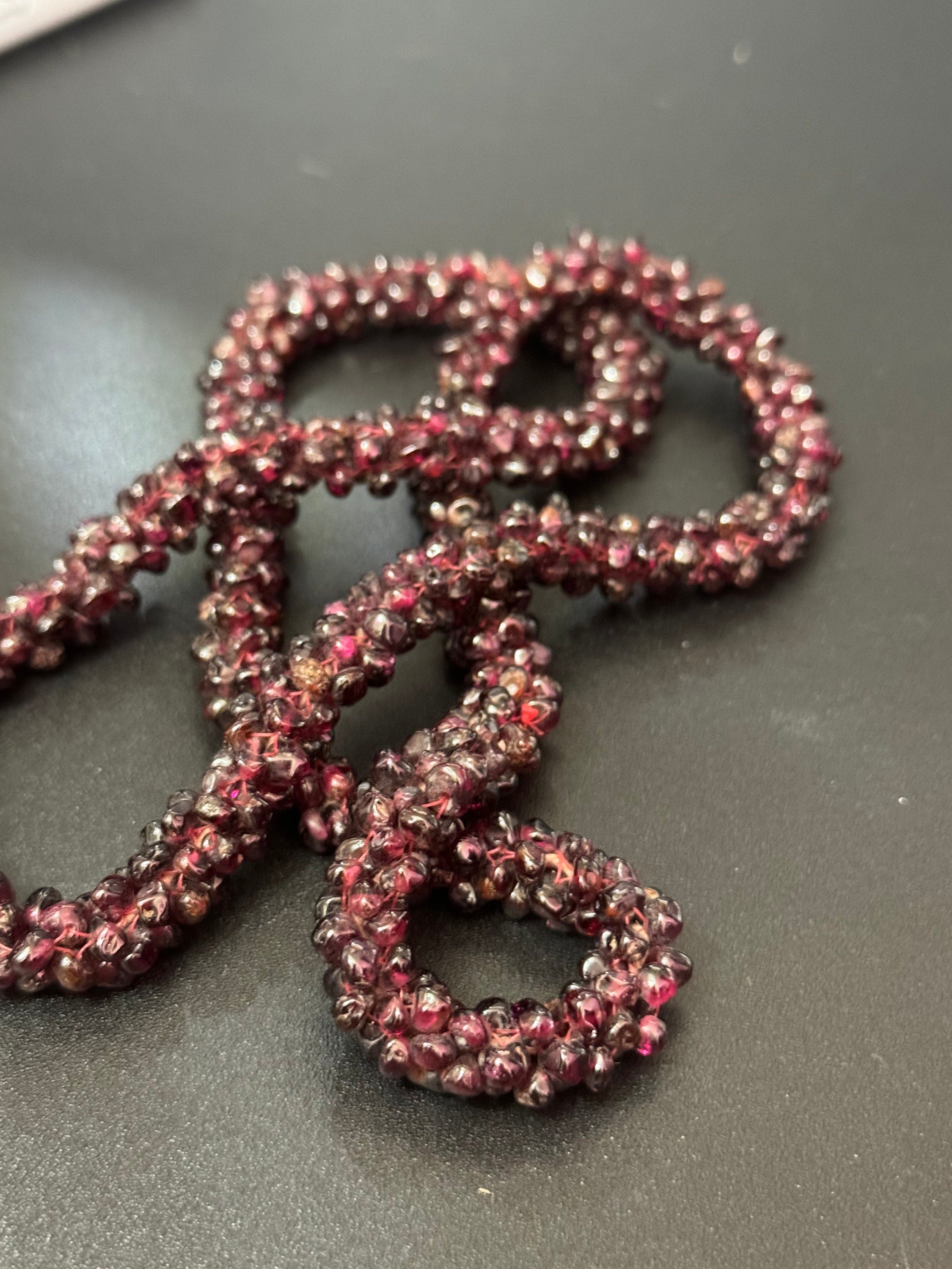 Vintage Art Deco garnet red purple seed bead gemstone beaded necklace long