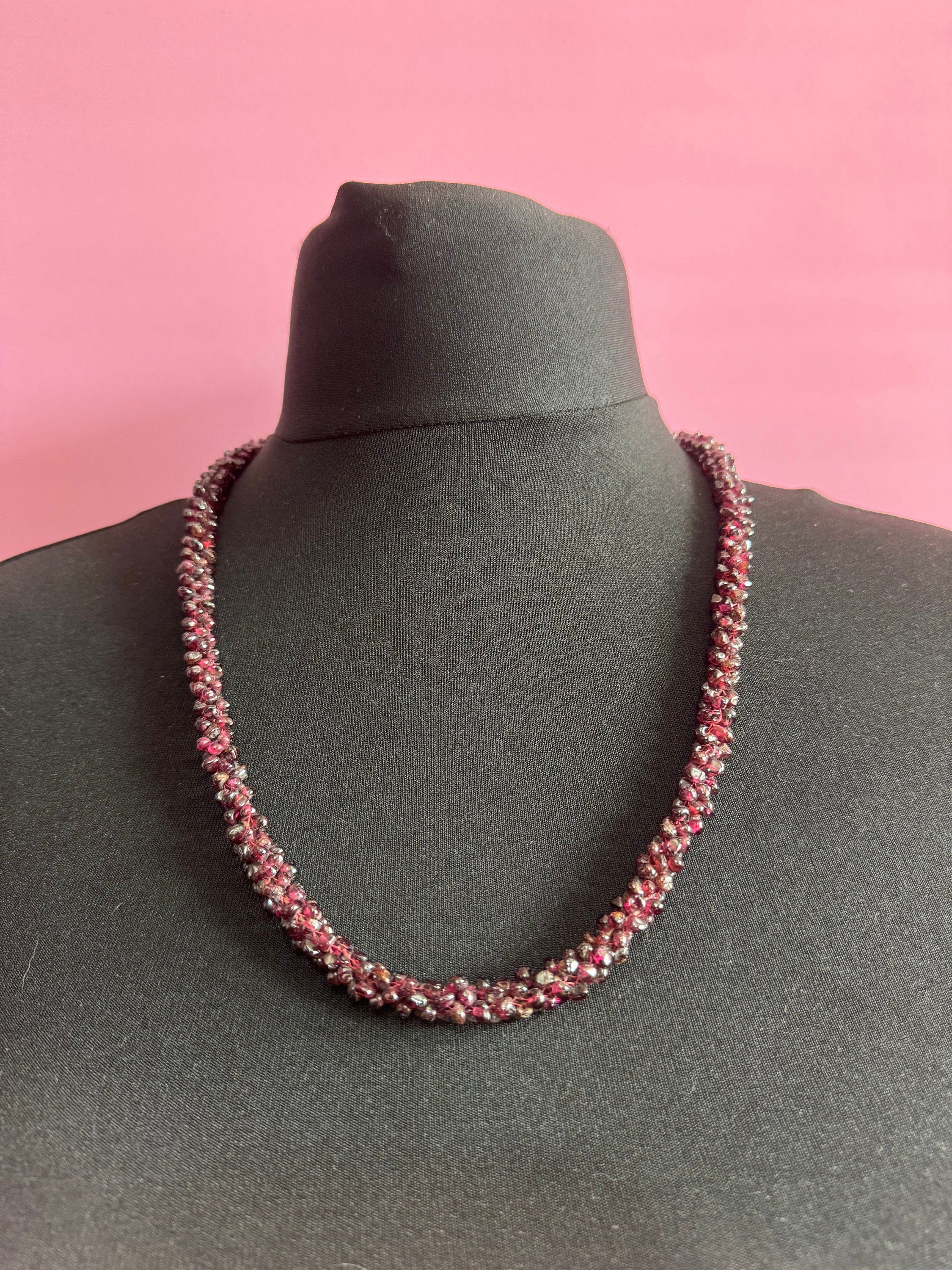 Vintage Art Deco garnet red purple seed bead gemstone beaded necklace long