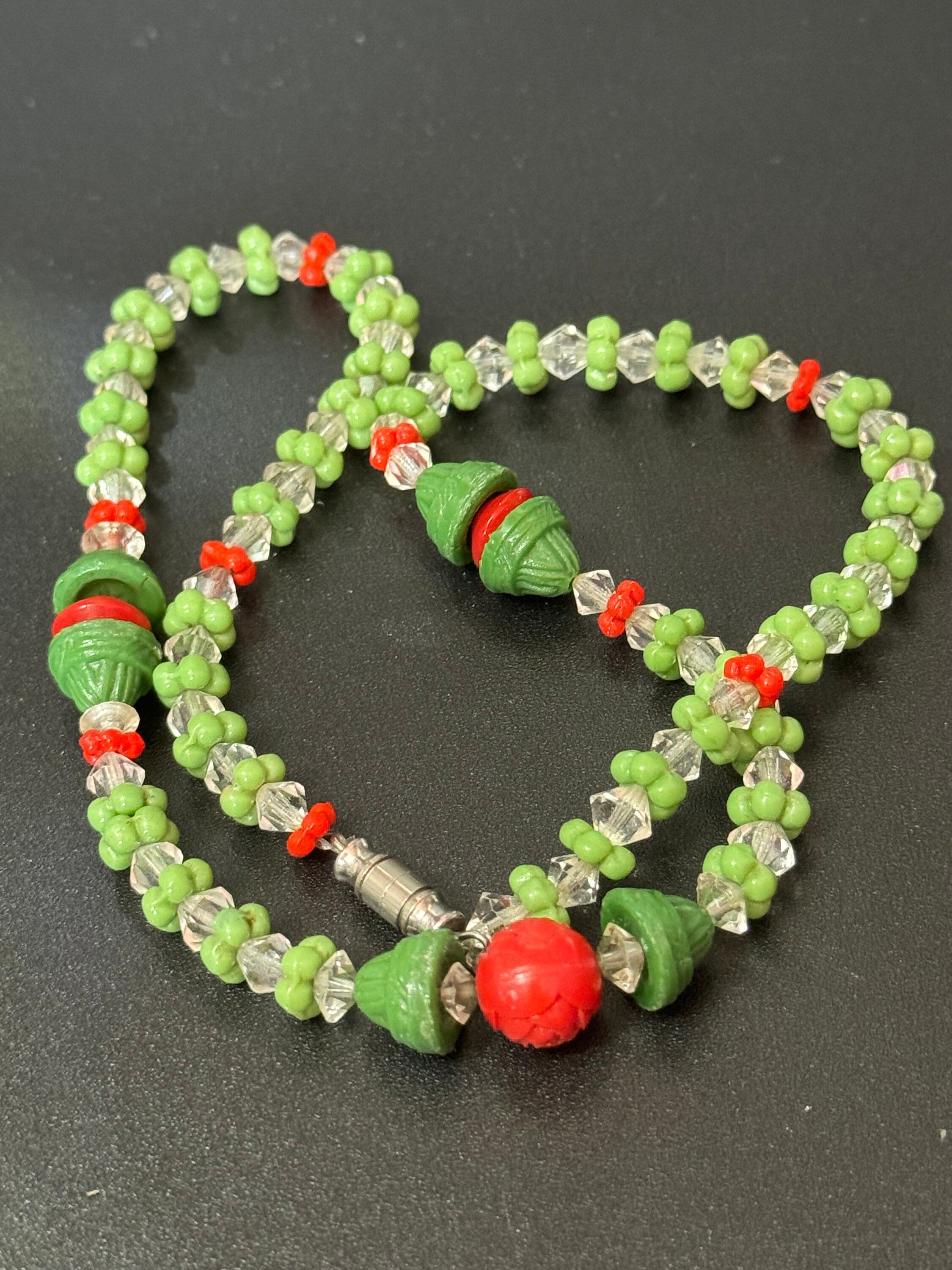 art deco red and green glass bovine crystal beaded carved detail necklace vintage