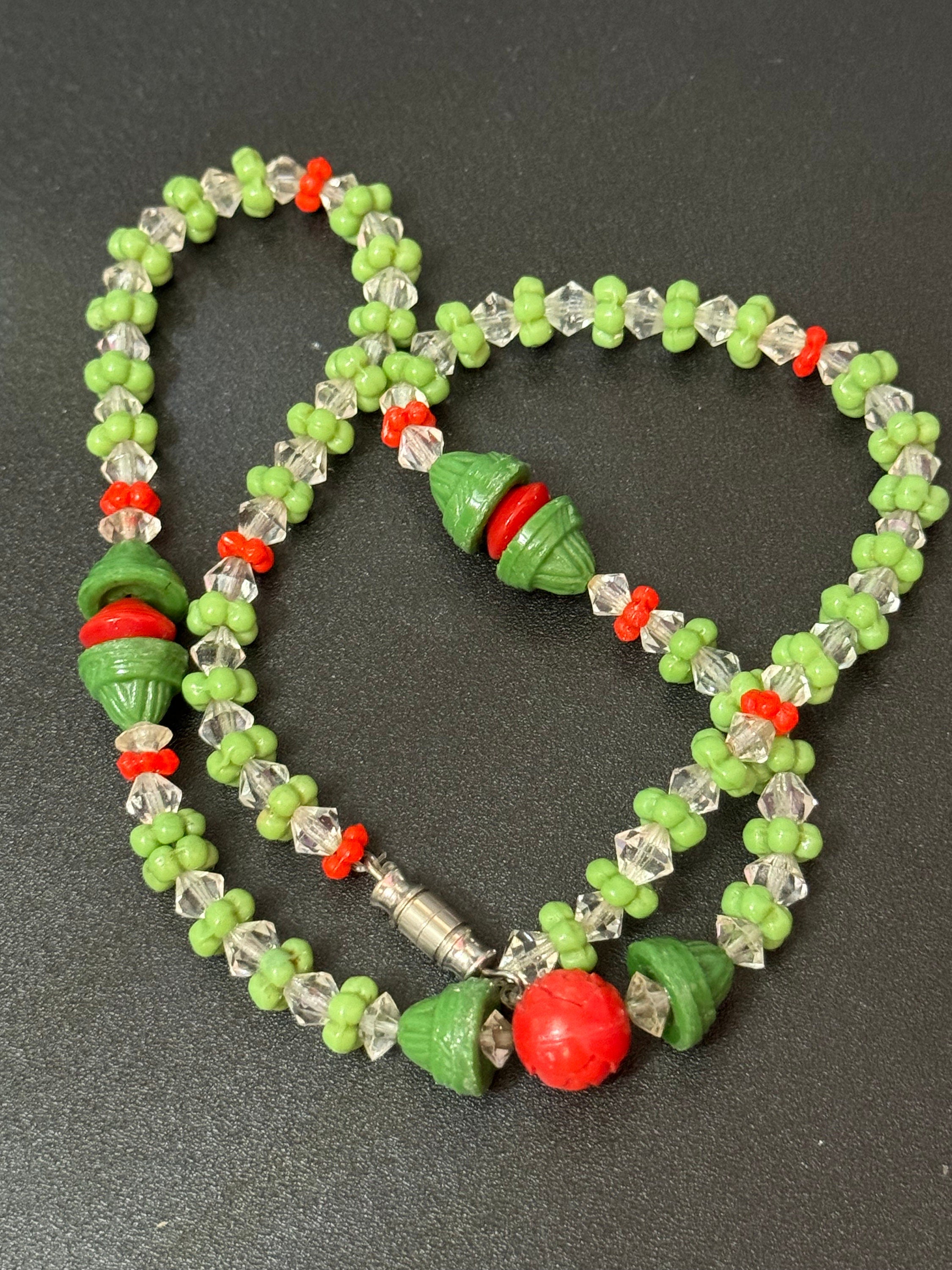 art deco red and green glass bovine crystal beaded carved detail necklace vintage