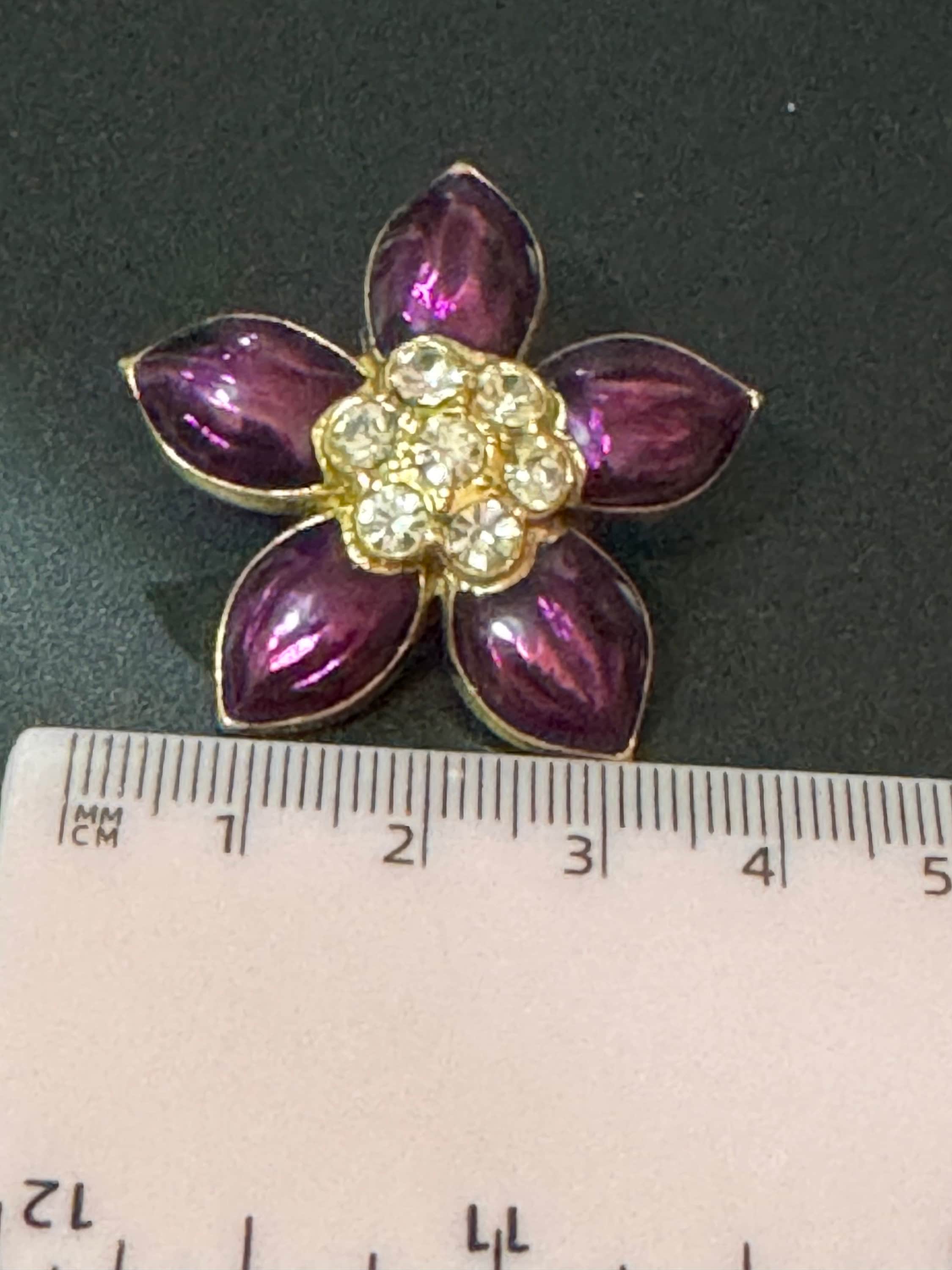 Vintage large High End Gold tone purple floral enamel diamanté clip on earrings 1980s 1990s