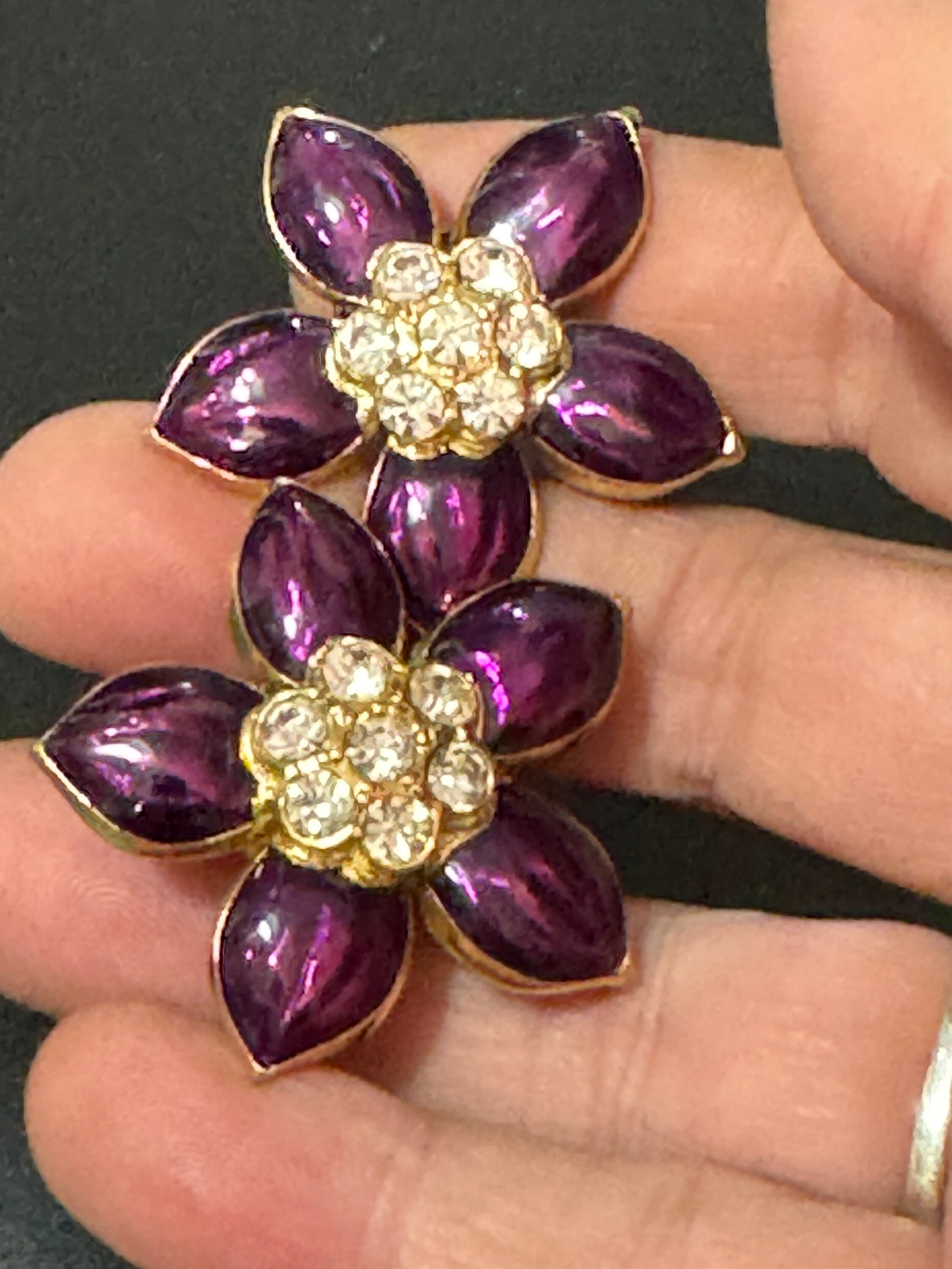 Vintage large High End Gold tone purple floral enamel diamanté clip on earrings 1980s 1990s