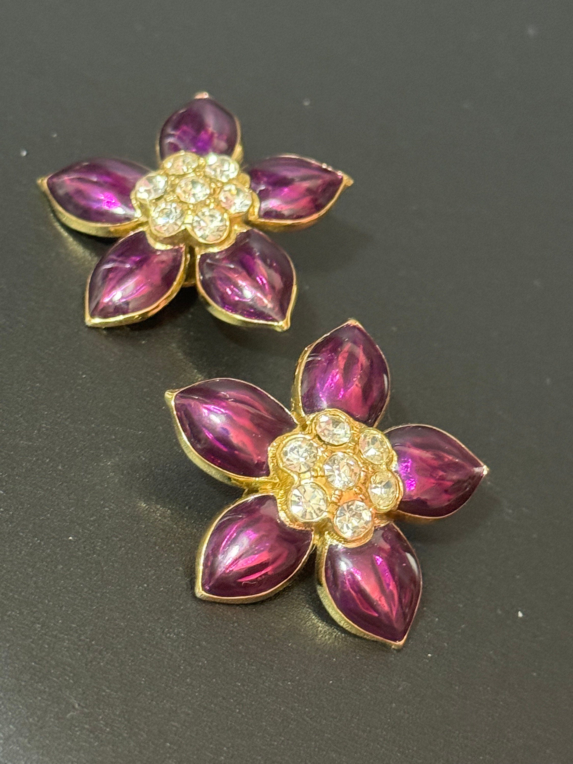 Vintage large High End Gold tone purple floral enamel diamanté clip on earrings 1980s 1990s