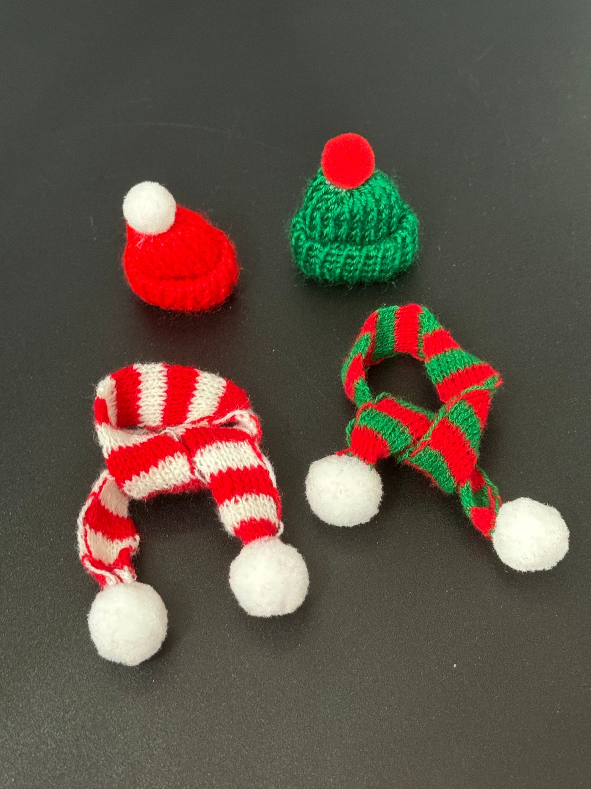 Miniature red and Green Wool hat and matching scarf cake topper bottle tops