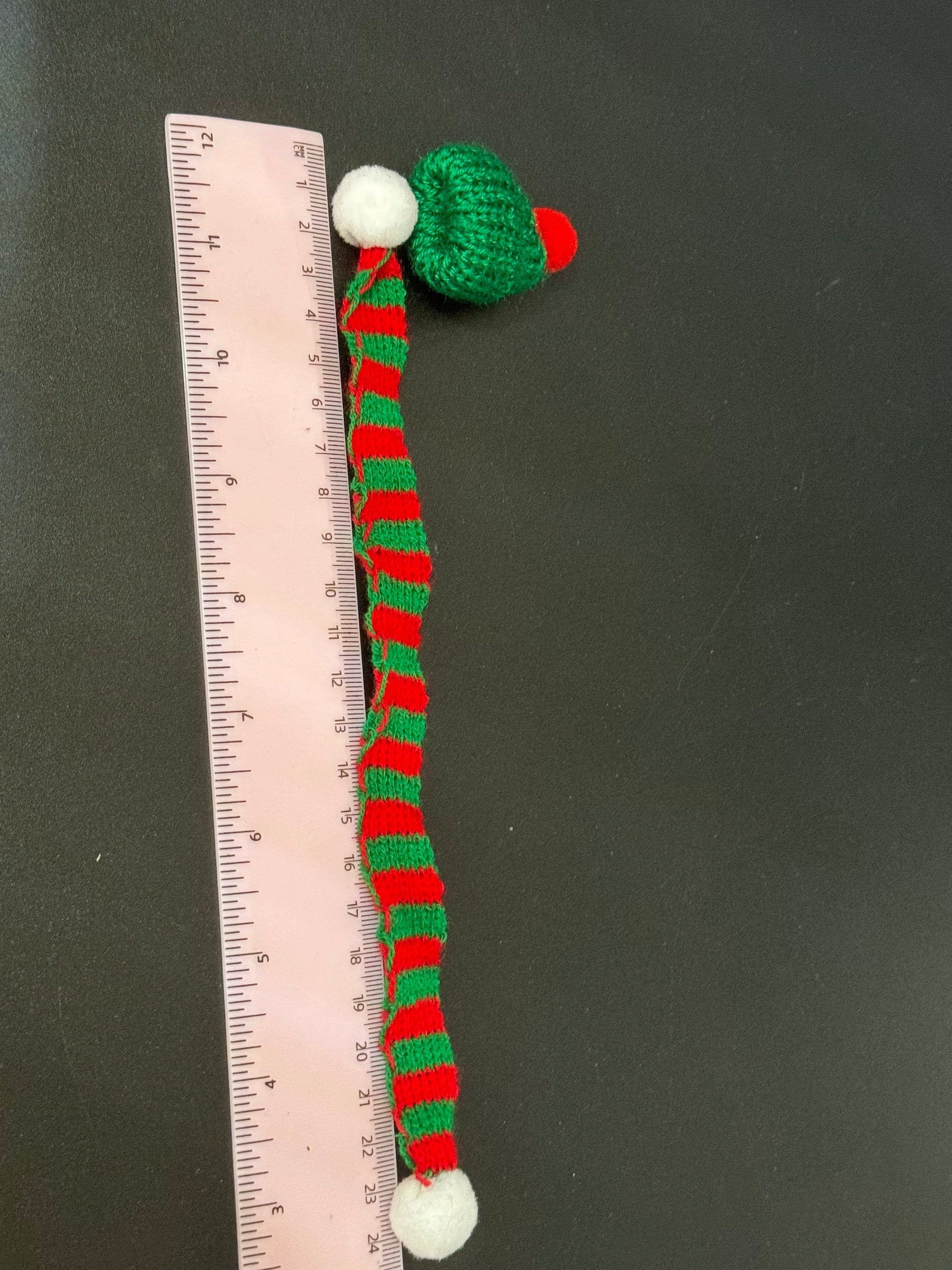 Miniature red and Green Wool hat and matching scarf cake topper bottle tops