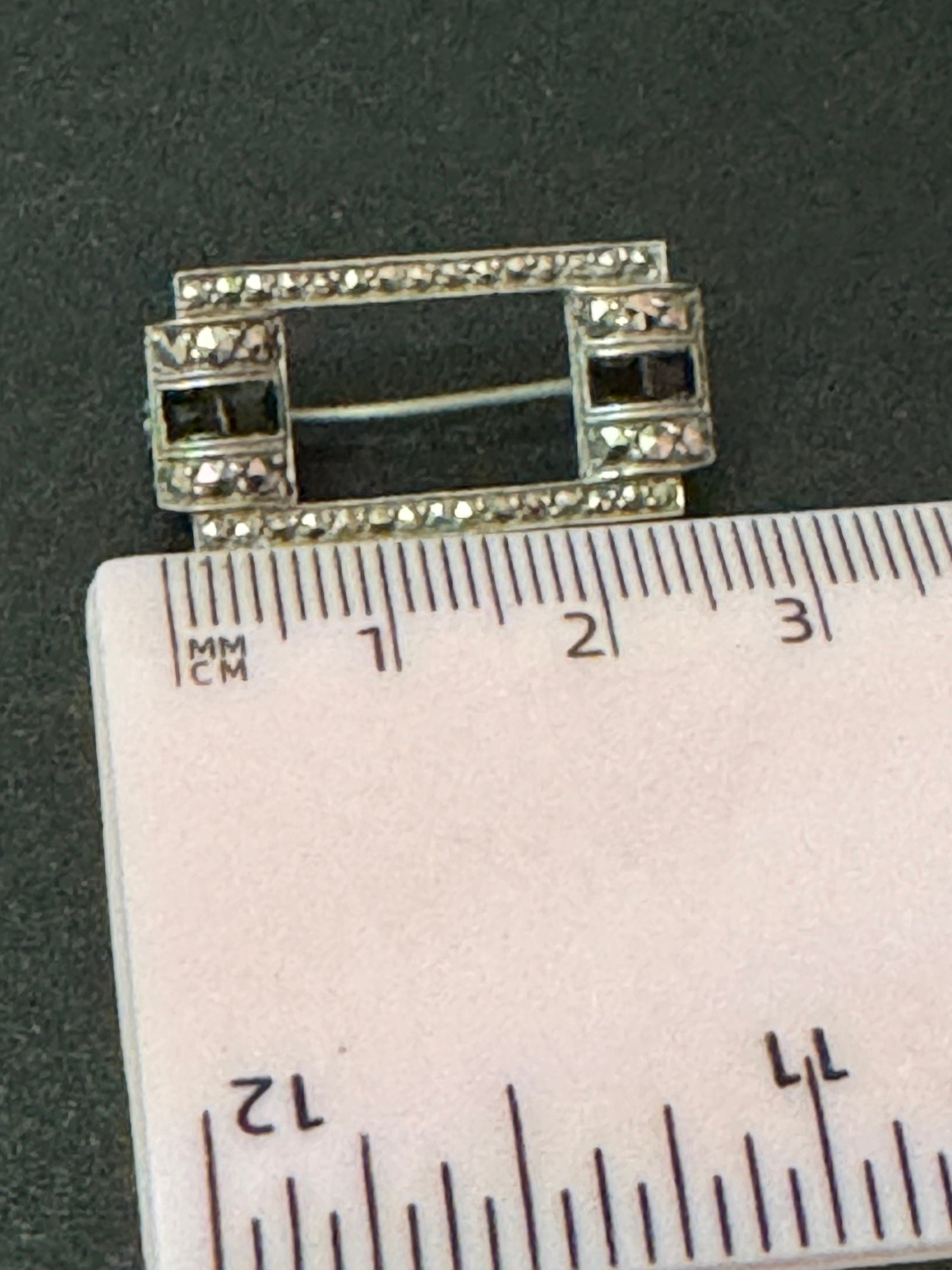 Vintage small Rectangular marcasite and black onyx Sterling 925 solid silver gemstone Brooch